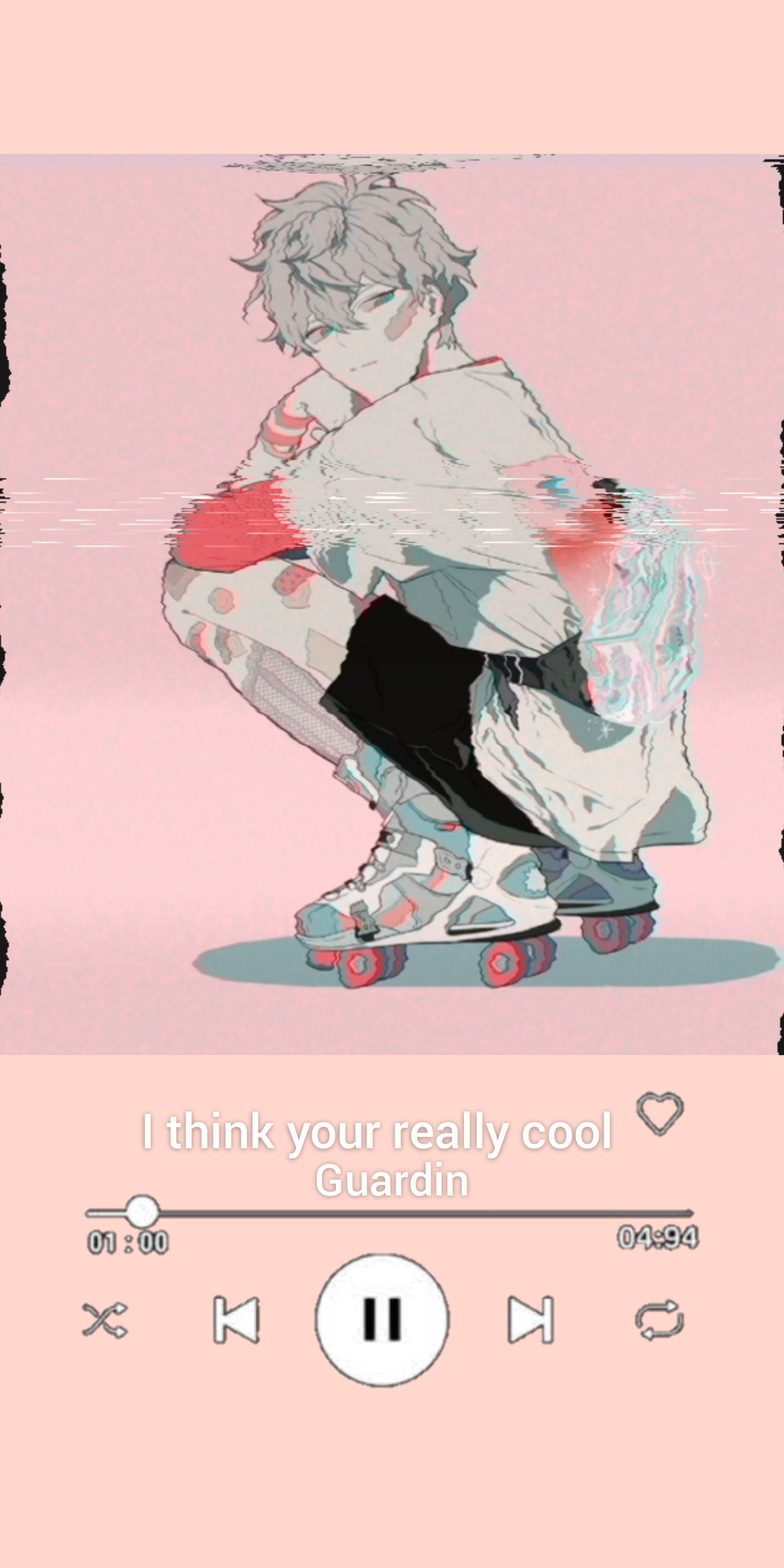 Aesthetic Anime Boy 桌布 壁紙 — 一個風格化的動畫男孩穿著溜冰鞋蹲在柔和的粉紅色背景上，帶有故障效果和音樂播放器疊加。
