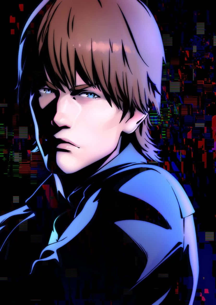 Ghost In The Shell Togusa 桌布 壁紙 — 一個風格化的動畫男性，棕色頭髮和藍色眼睛，在故障數位背景前強烈凝視。