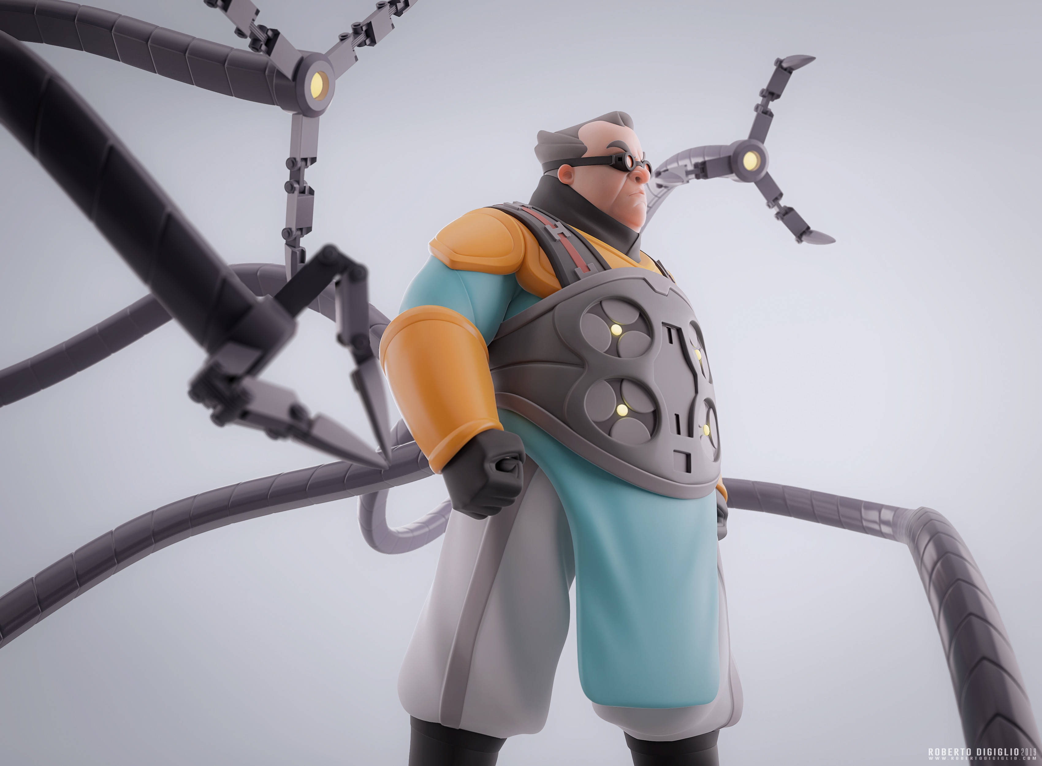 Doctor Octopus 桌布 壁紙 — 一個風格化的動畫科學家，擁有機械肢體和發光關節，站在純灰色背景前。