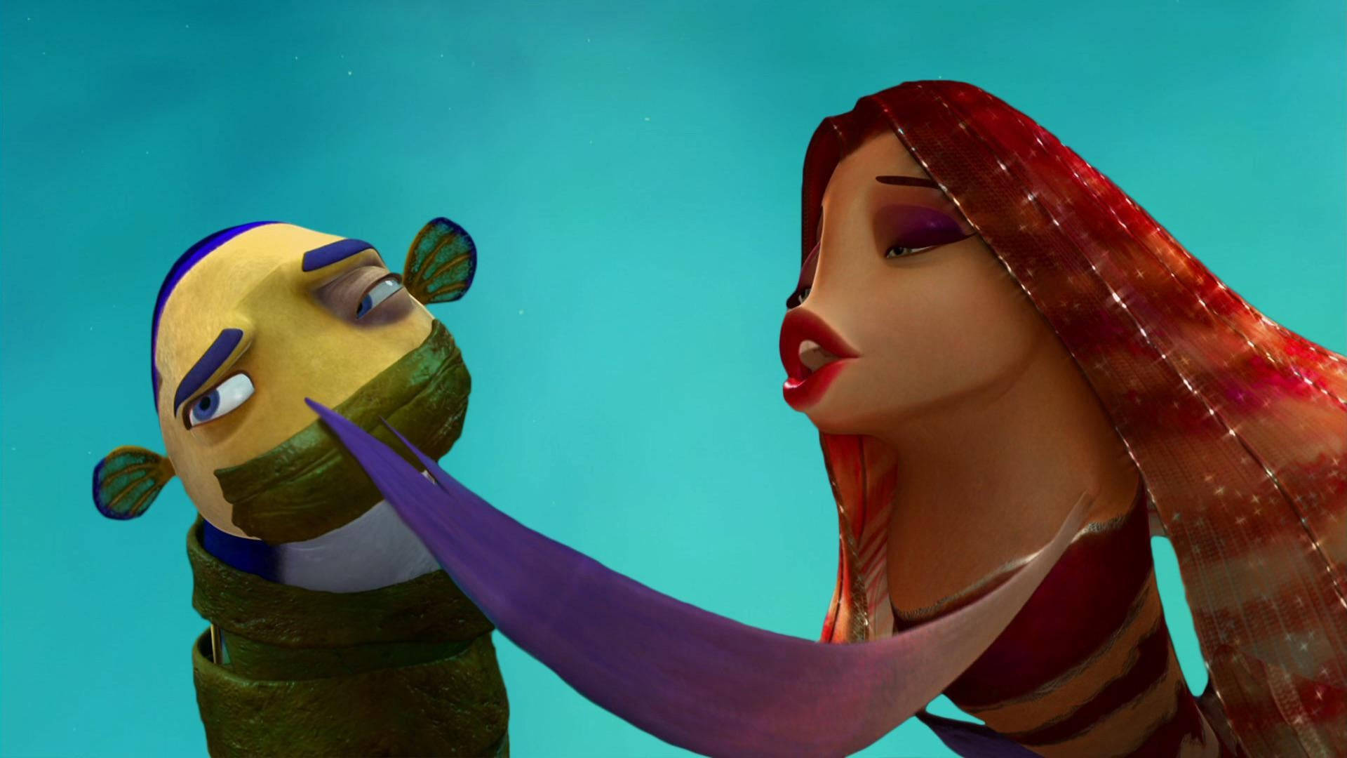 Shark Tale 桌布 壁紙 — 一個風格化的動畫美人魚，擁有紅色飄逸的頭髮和紫色圍巾，在藍綠色水下背景中輕輕觸摸一個包裹著的魚角色。