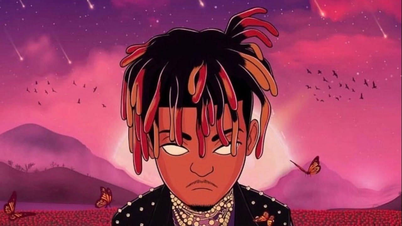 一個有辮子人物的動畫肖像，背景是宇宙天空，有蝴蝶和流星。 — Juice Wrld 壁紙