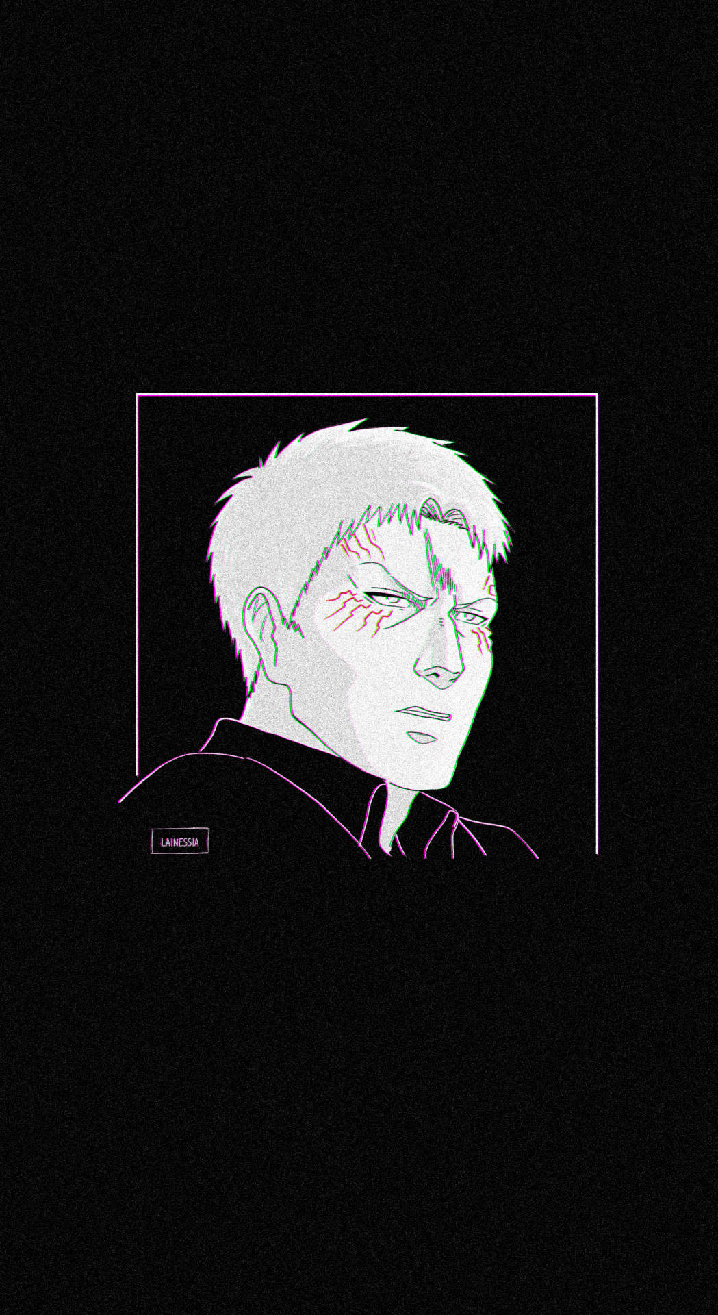 Reiner 桌布 壁紙 — 一個風格化的動畫肖像，描繪一位白髮、臉上帶有紅色標記的男子，以紫色邊框框在黑色背景上。