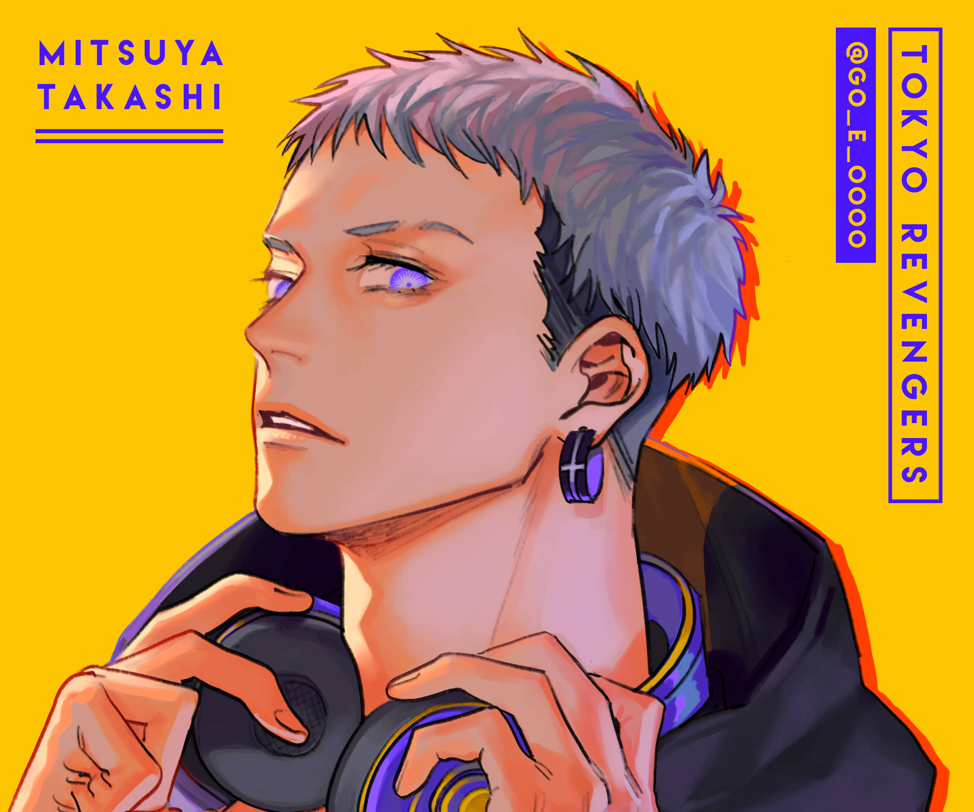 takashi mitsuya 桌布 壁紙 — 一個風格化的動畫肖像，描繪一位銀髮紫眼的年輕男子，在鮮黃色背景前拿著耳機。