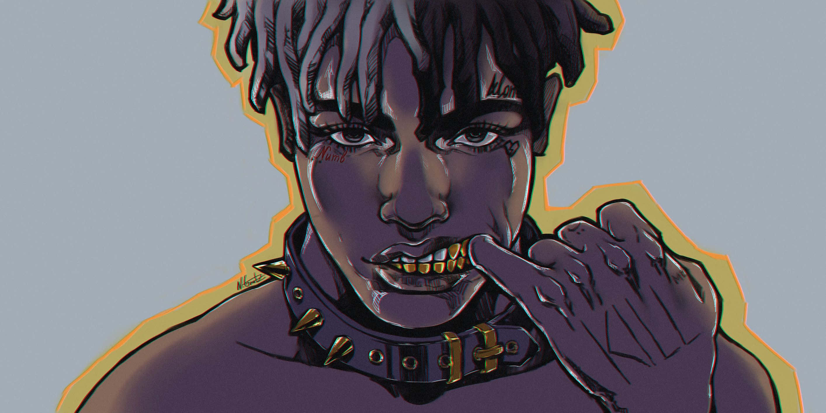 XXXTENTACION 桌布 壁紙 — 一個風格化的動畫肖像，描繪一個擁有紫色皮膚、金色牙齒和帶刺項圈的人，背景是淡藍色。