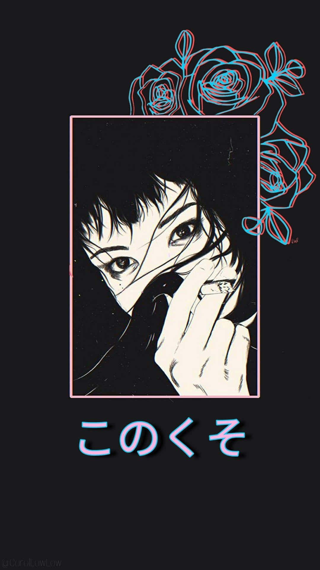 Japanese Aesthetic Black 桌布 壁紙 — 一個風格化的動畫肖像，描繪短髮人物，手靠近臉部，被發光的玫瑰環繞在黑暗背景上。