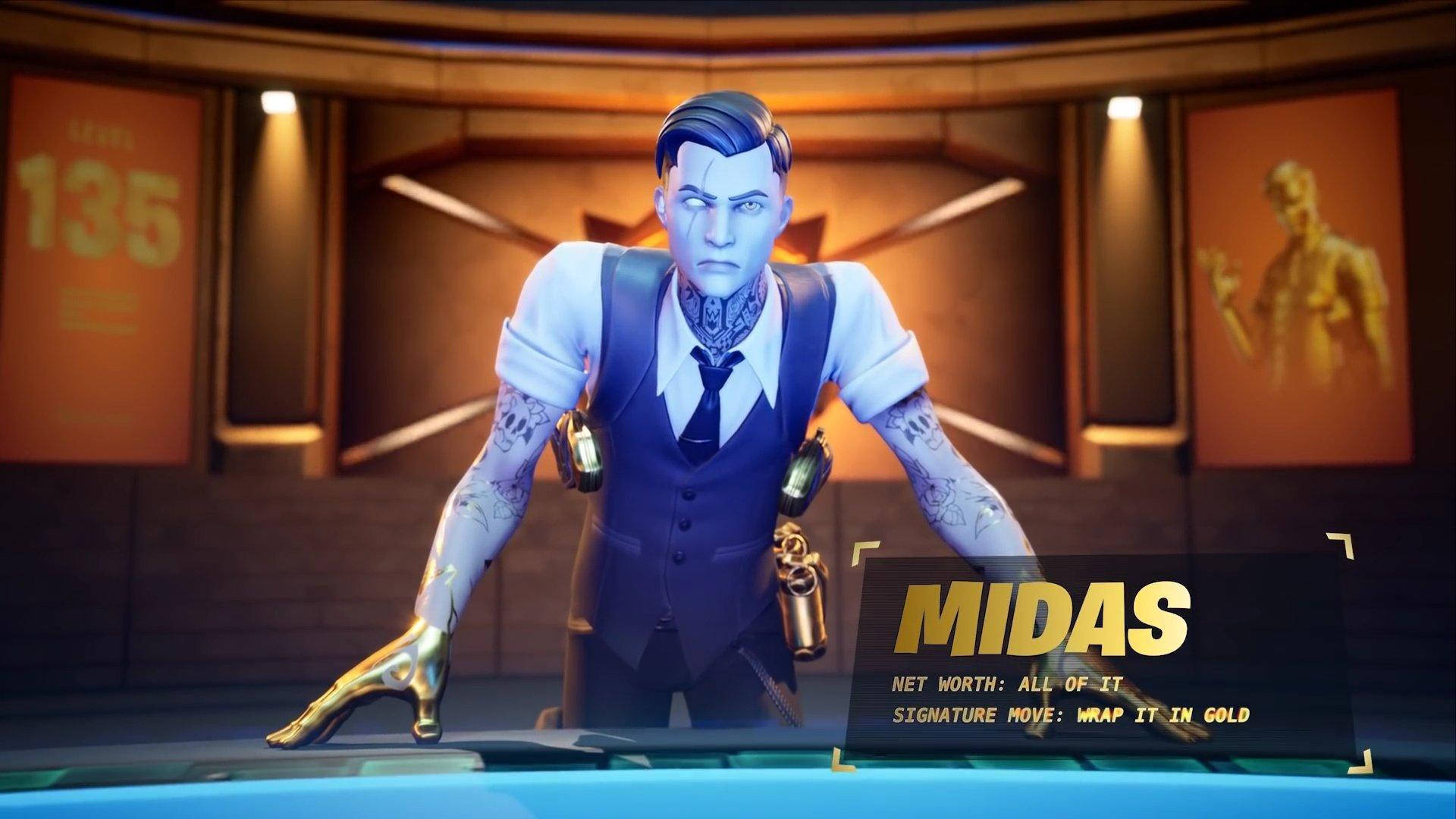 Fortnite 桌布 壁紙 — 一個風格化的動畫角色，帶有刺青和金色雙手，在未來風格的遊戲休息室中向前傾身。