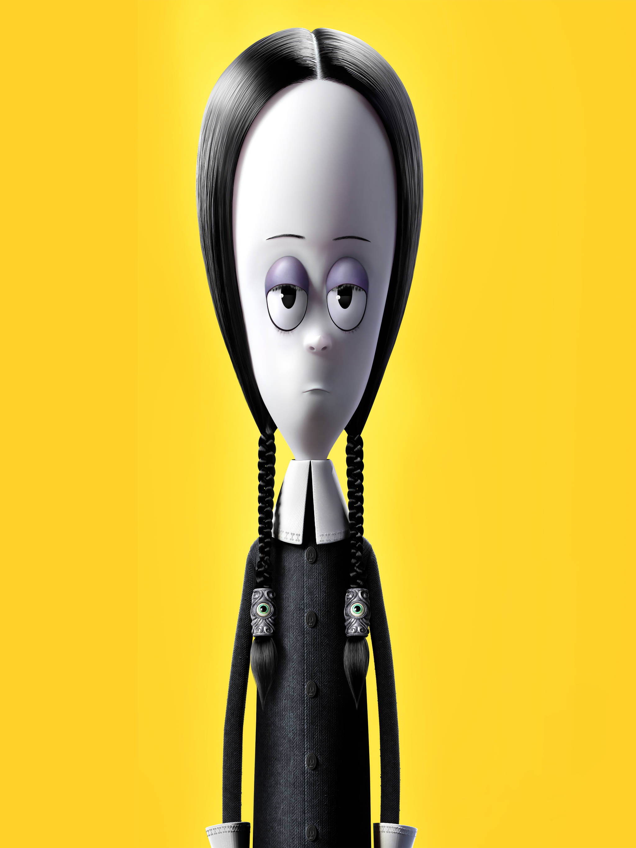 The Addams Family 2 桌布 壁紙 — 一個風格化的動畫角色，擁有長長的黑辮子和紫色眼睛，站在明亮的黃色背景前。