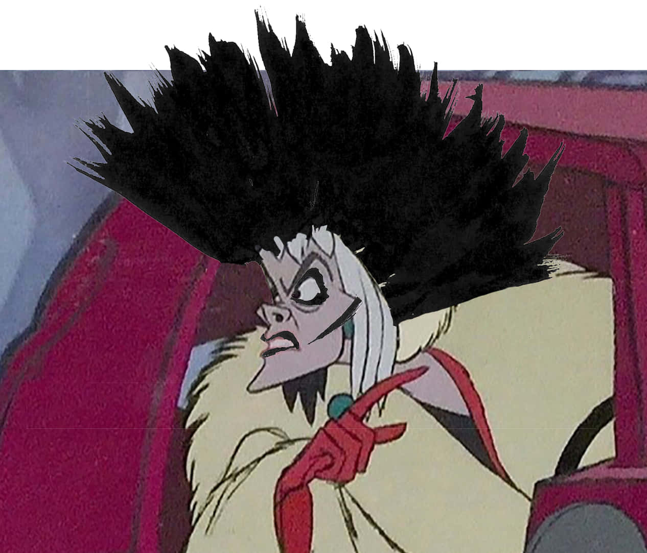 Cartoon Villains 桌布 壁紙 — 一個風格化的動畫角色，有著狂野的黑髮和尖銳的面部特徵，在色彩鮮豔的場景中指責性地指著。