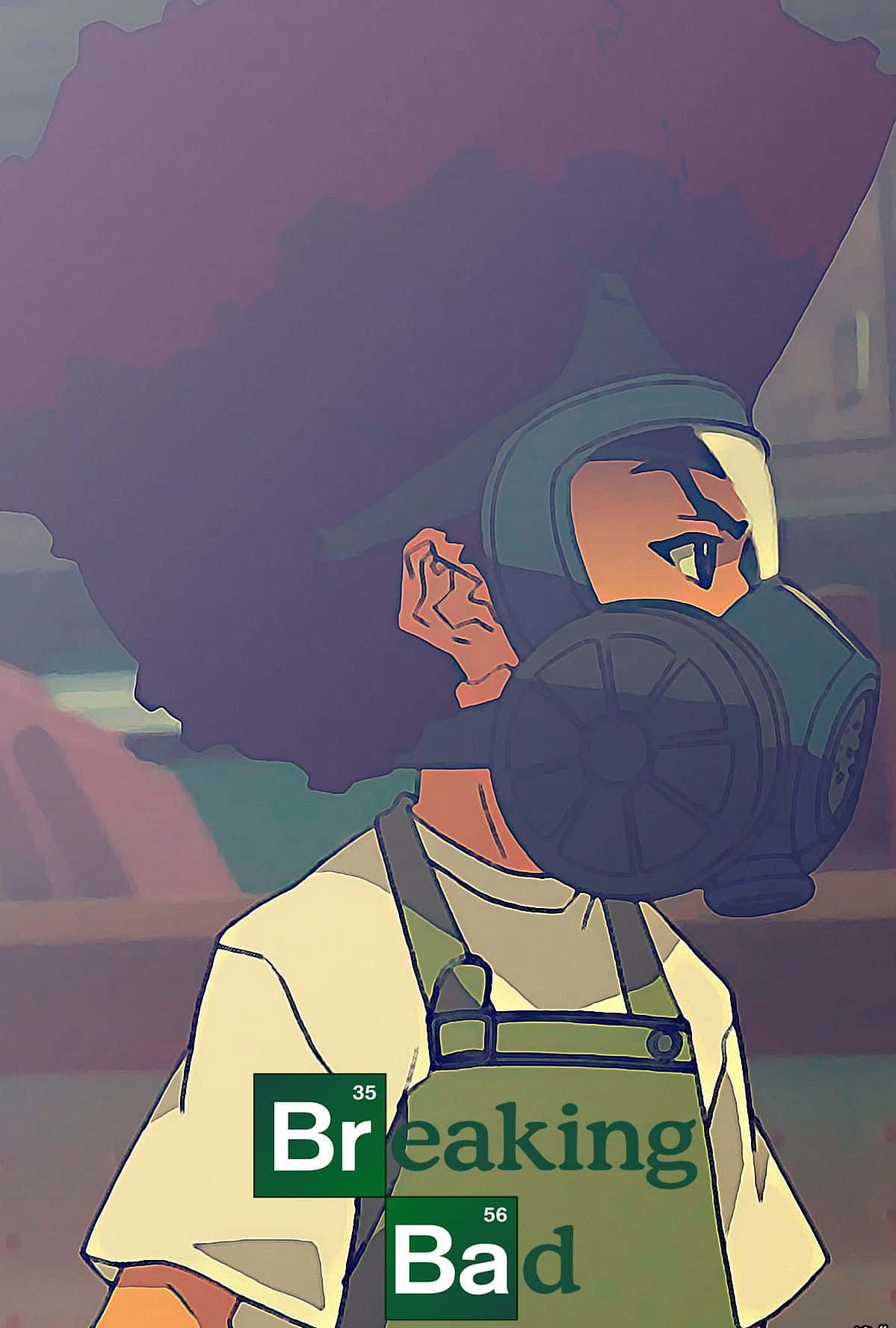 Boondocks 桌布 壁紙 — 一個風格化的動畫角色，留著非洲式髮型，戴著防毒面具和圍裙，上面有《絕命毒師》的化學符號。