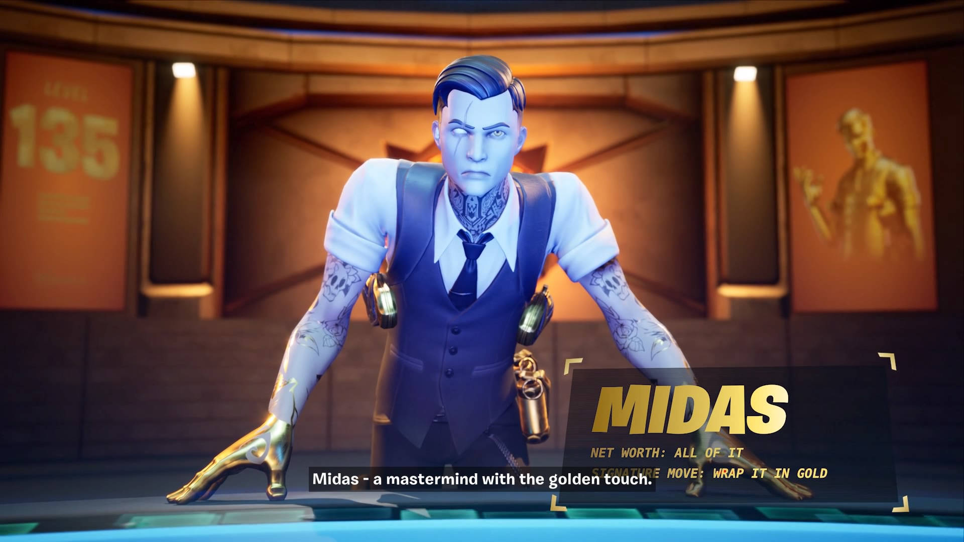 Midas 桌布 壁紙 — 一個風格化的動畫角色，藍色皮膚和紋身，在一個帶有金色點綴和發光顯示屏的未來主義控制室中向前傾。