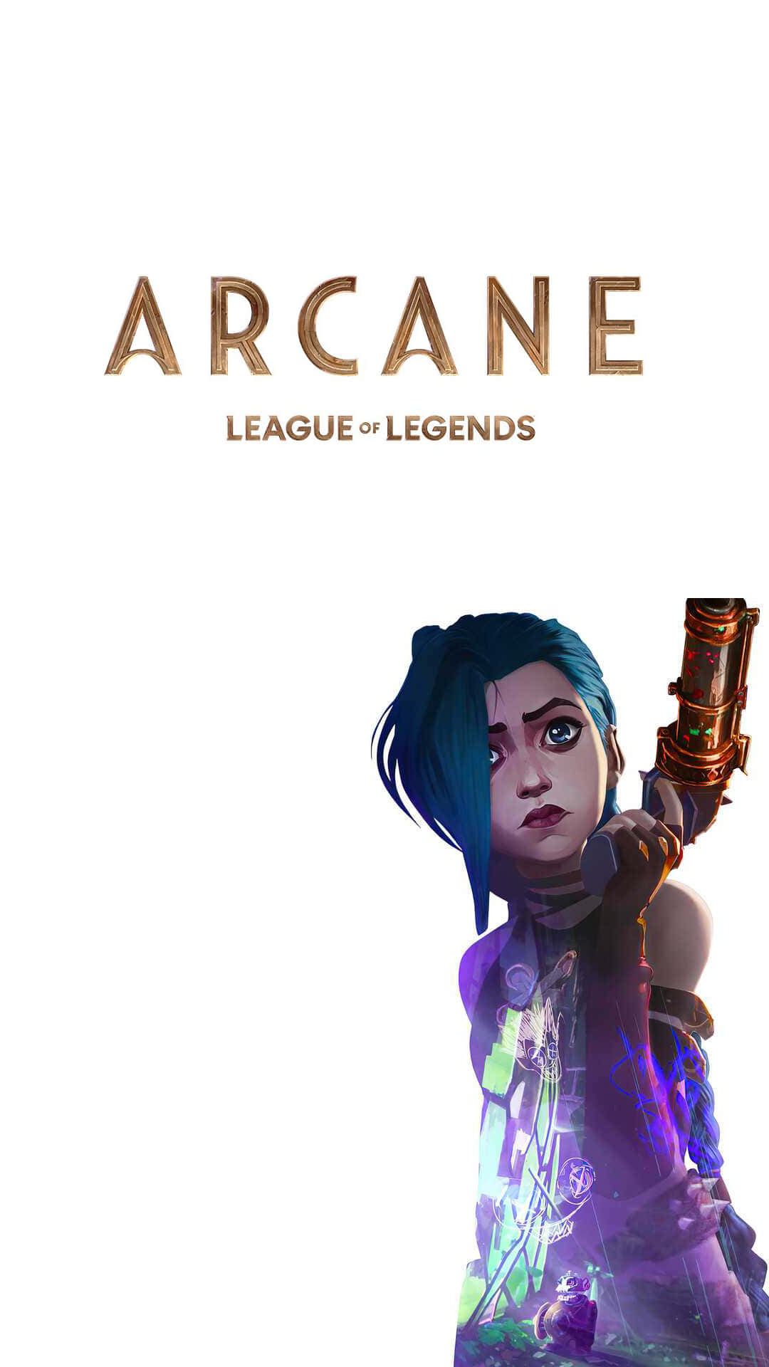 Android League Of Legends 桌布 壁紙 — 一個風格化的動畫角色，藍色頭髮和發光的紫色服裝，在純白背景前手持未來武器。