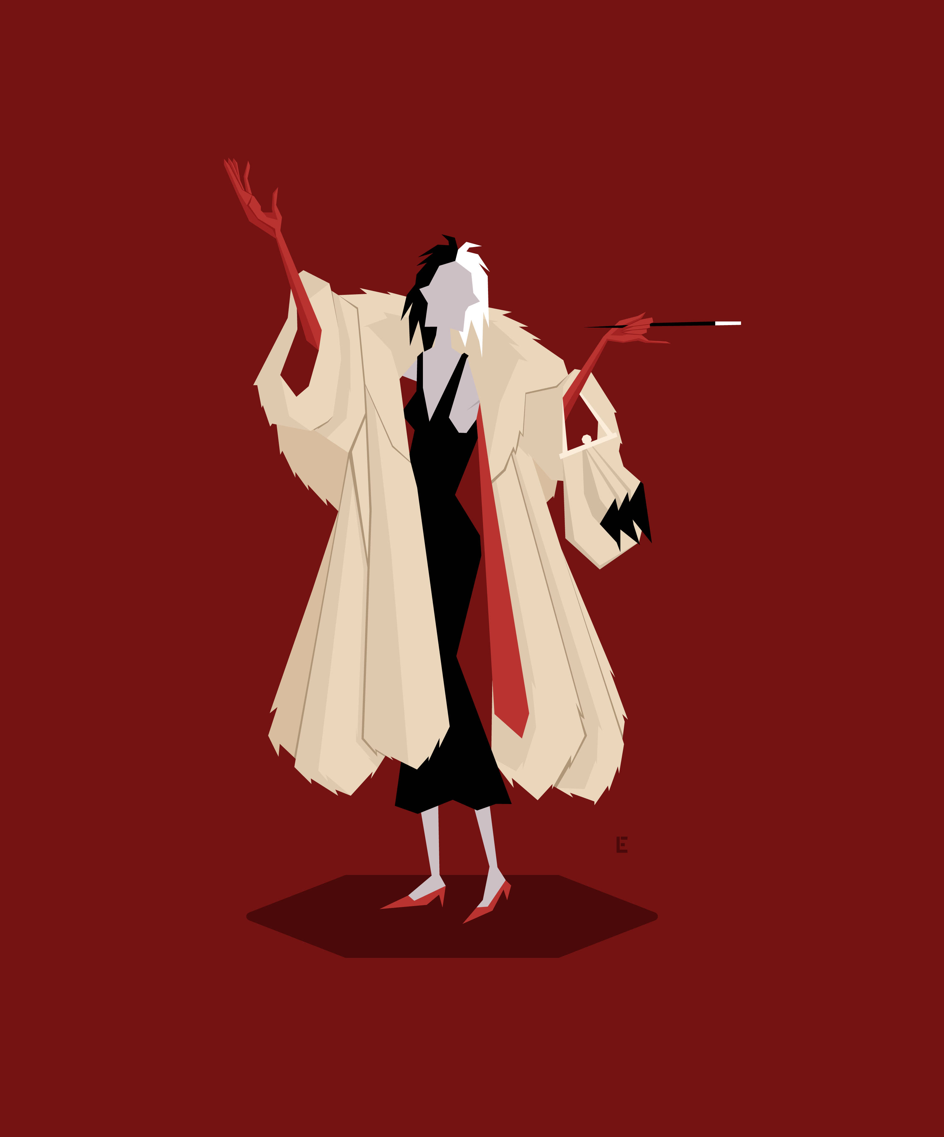 Cruella 桌布 壁紙 — 一個風格化的動畫角色，身穿奶油色外套和黑色連衣裙，在深紅色背景前戲劇性地擺姿勢。