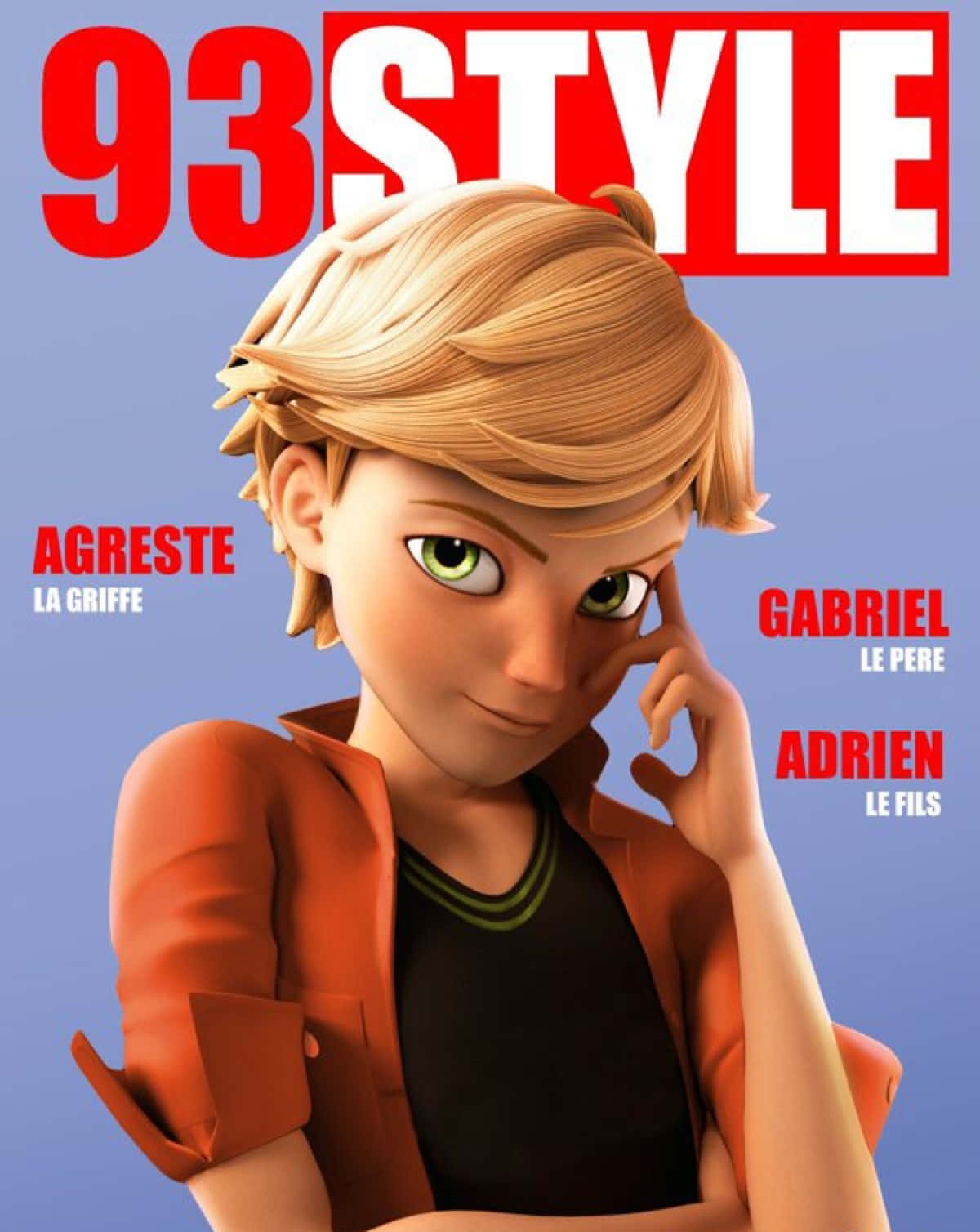 Adrien Agreste 桌布 壁紙 — 一個風格化的動畫角色，金髮綠眼，在純藍色背景的雜誌封面上若有所思地擺姿勢。
