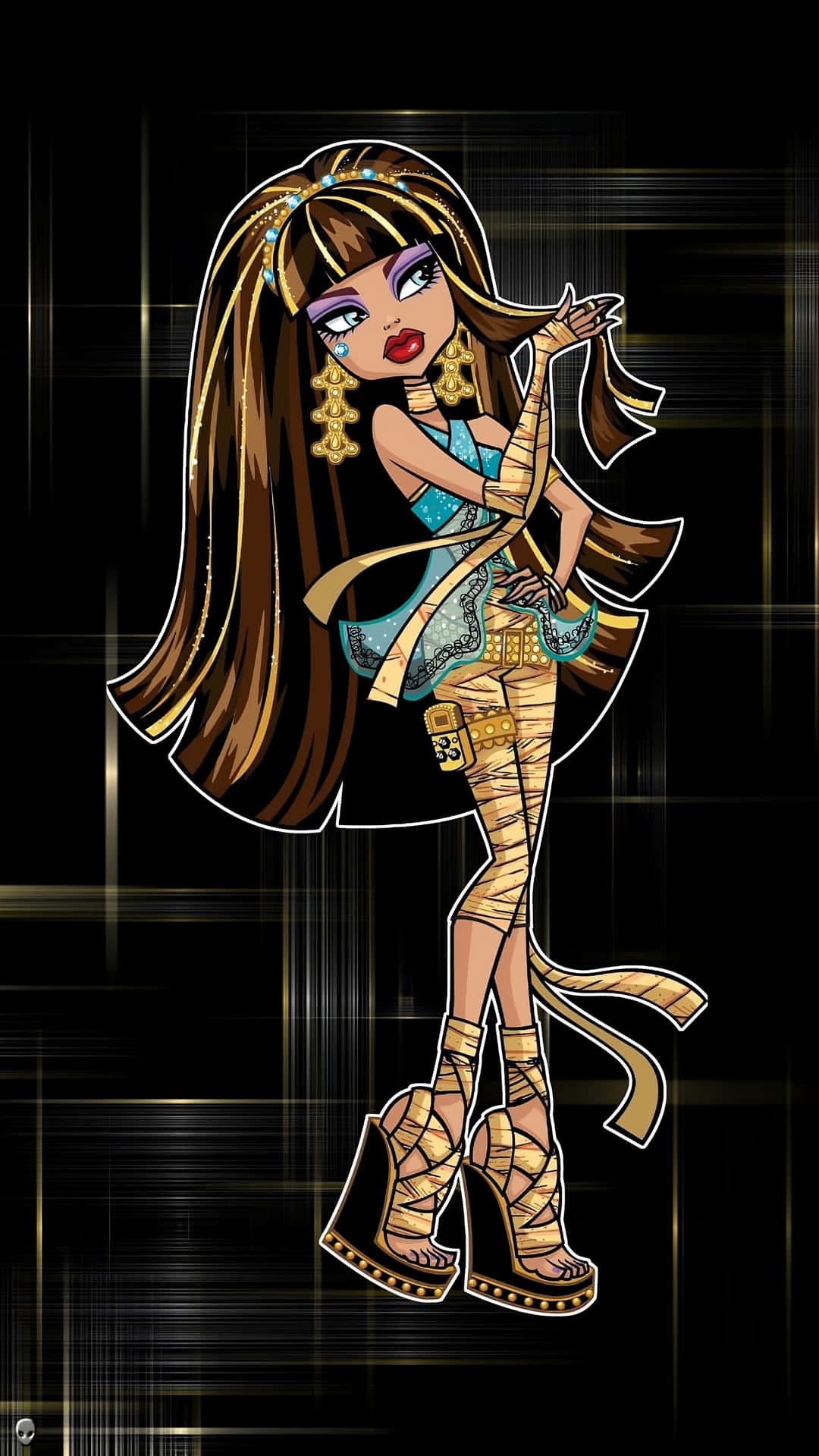 Monster High 桌布 壁紙 — 一個風格化的動畫角色，長著棕色長髮和金色木乃伊繃帶，在帶有發光金色線條的黑色背景前自信地擺姿勢。