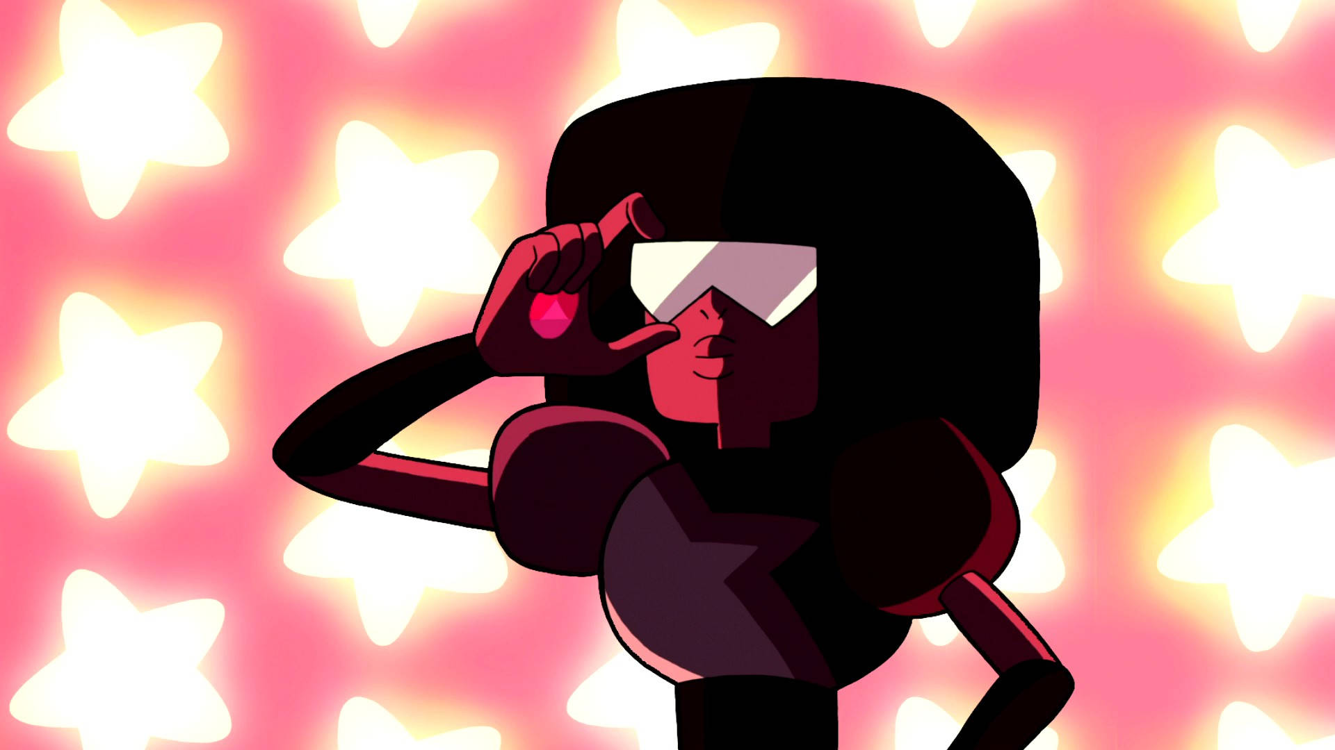 Cartoon Network 桌布 壁紙 — 一個風格化的動畫角色，黑髮紅皮膚，在明亮的星形燈光背景下手持一顆發光的粉紅色寶石。