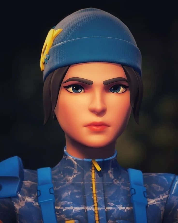 Fortnite 桌布 壁紙 — 一個風格化的動畫角色特寫，戴著帶有黃色絲帶的藍色無邊帽和相配的藍色裝備。
