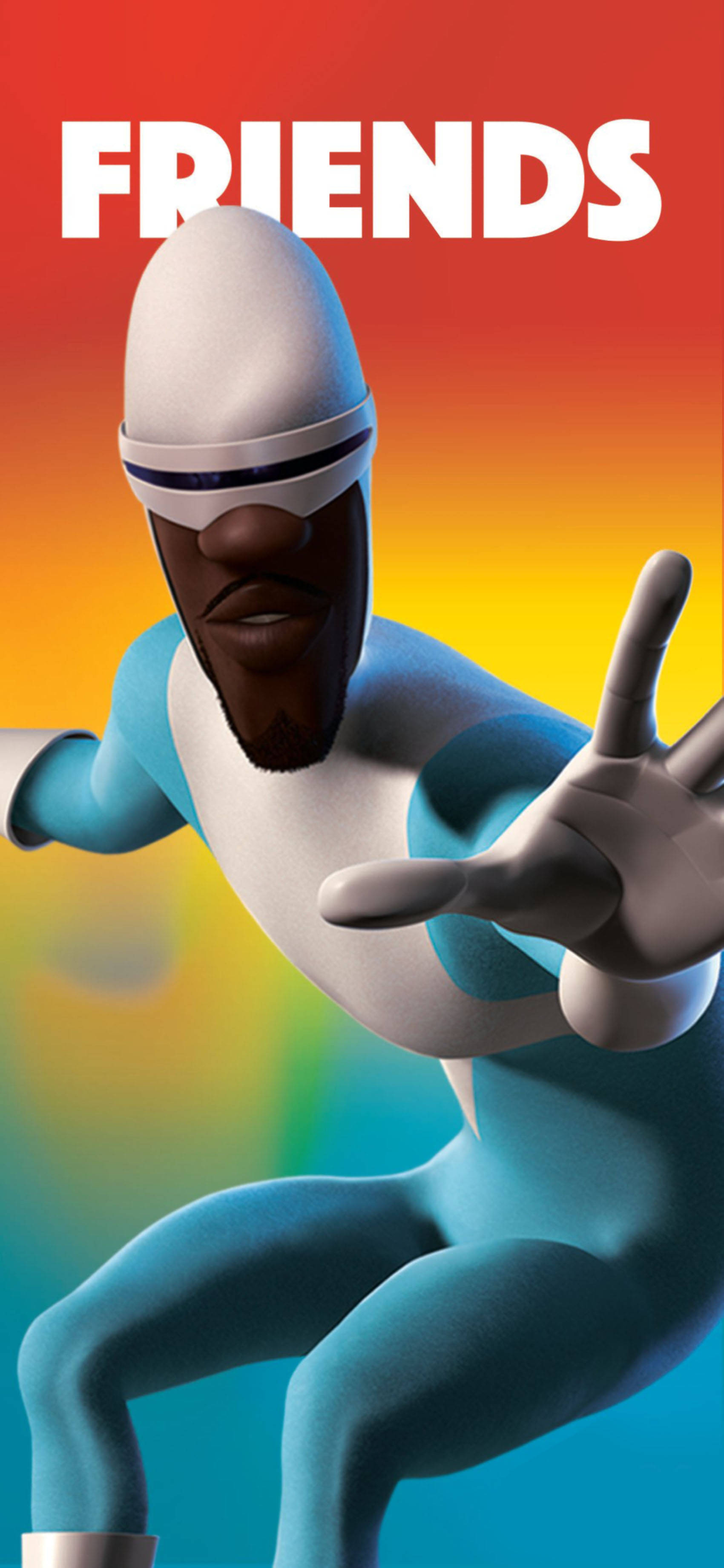 Frozone 桌布 壁紙 — 一個風格化的動畫超級英雄，身穿藍白相間的服裝，在充滿活力的漸變日落背景下擺出動態姿勢，並帶有粗體白色字母的「FRIENDS」字樣。
