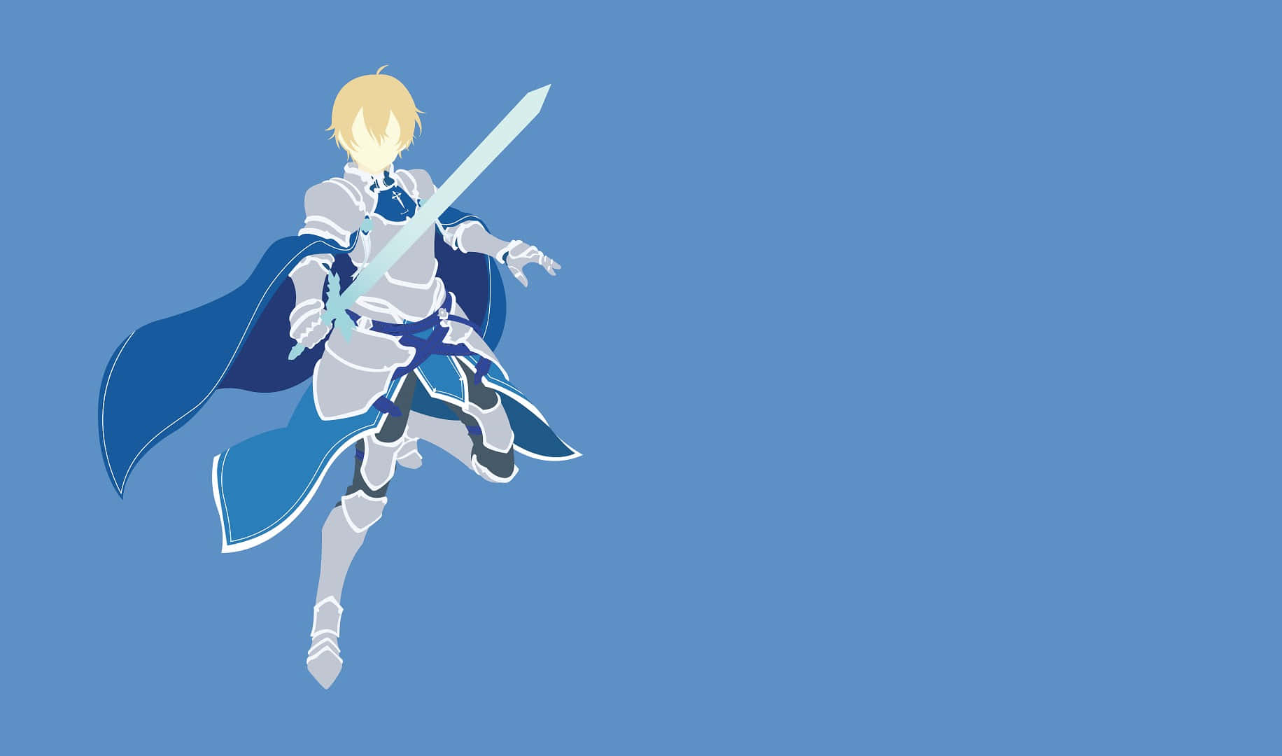 Sword Art Online Eugeo 桌布 壁紙 — 一個風格化的動畫騎士，金髮藍色披風，手持發光劍，在純藍色背景上向前躍進。