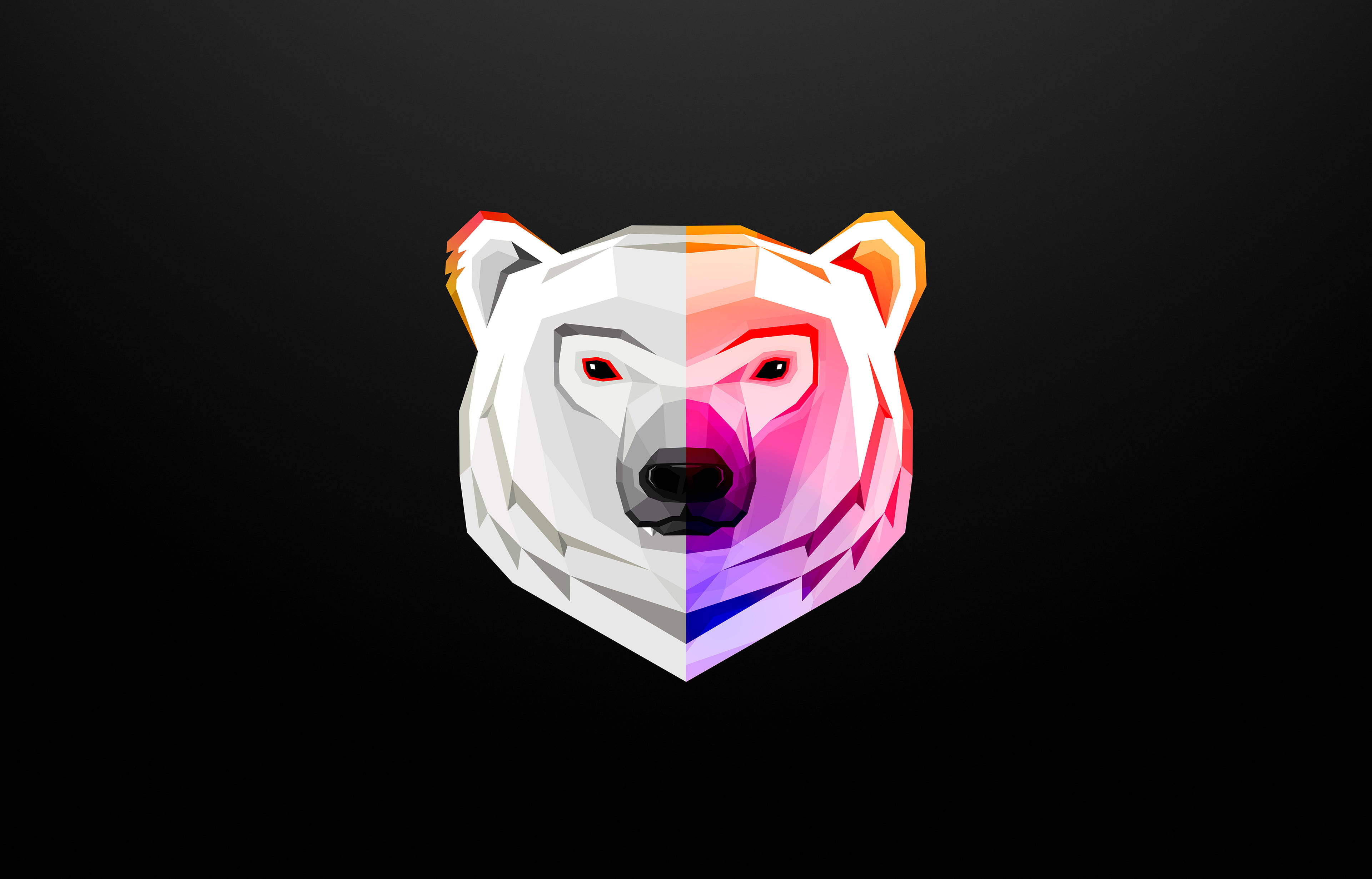 Polygon 桌布 壁紙 — 一個風格化的北極熊頭部分成兩半，一半是單色，另一半是鮮豔的彩虹多邊形顏色，背景為黑色。