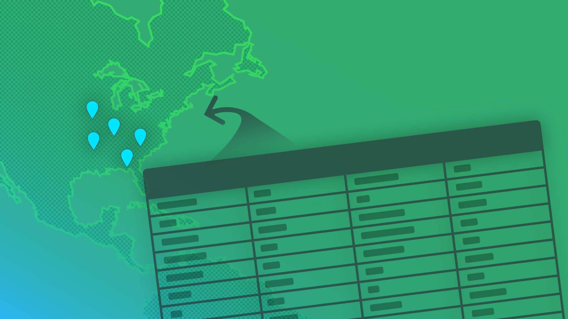 帶有位置圖釘和數據表格的綠色插圖地圖。 — Microsoft 壁紙