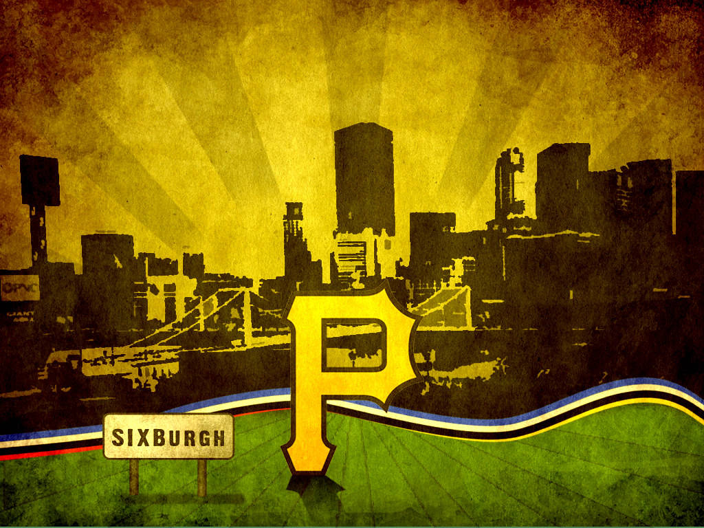 Pittsburgh Pirates 桌布 壁紙 — 一個風格化的匹茲堡天際線，綠色場地上有一個大型黃色 'P' 標誌，金色日出下有一個 'SIXBURGH' 標牌。