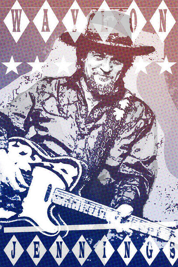 吉他動圖 桌布 壁紙 — 一個風格化的半色調肖像，Waylon Jennings 在星光燦爛的紅藍背景下彈吉他。