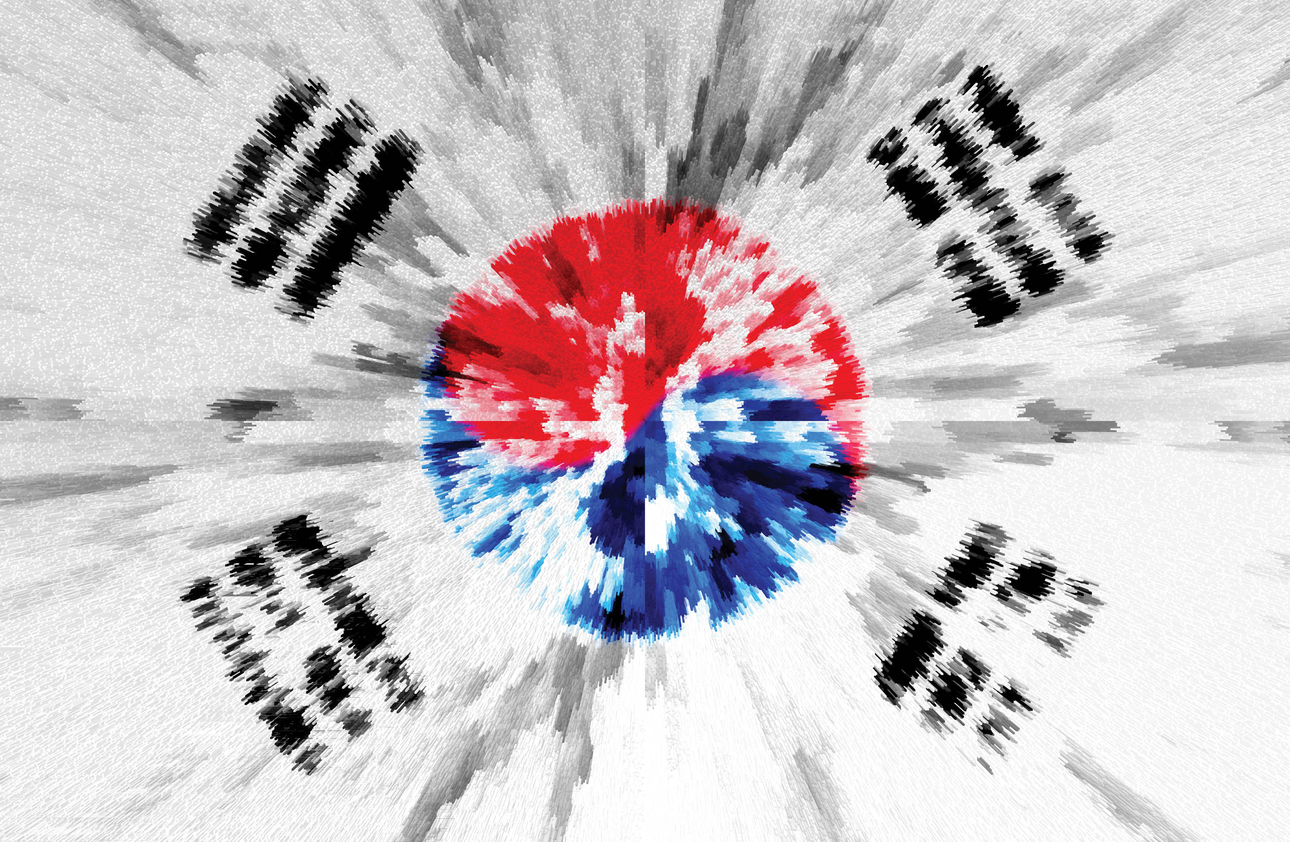南韓 桌布 壁紙 — 一個風格化的南韓國旗，帶有像素化的紅藍中心和向外輻射的黑色八卦，背景為有紋理的白色。