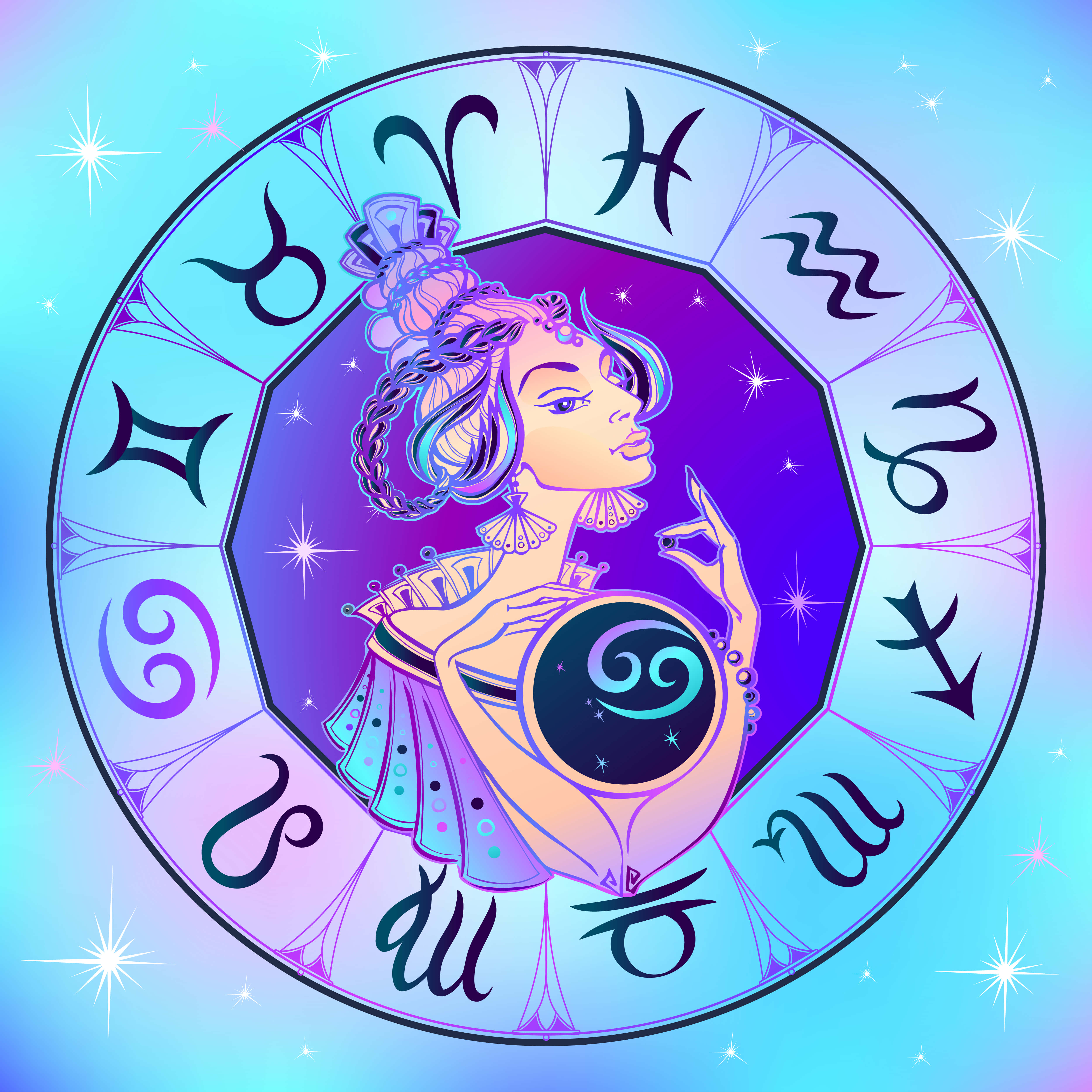 星座 桌布 壁紙 — 一個風格化的占星家手持水晶球，周圍環繞著星座符號，背景是星空漸變色。