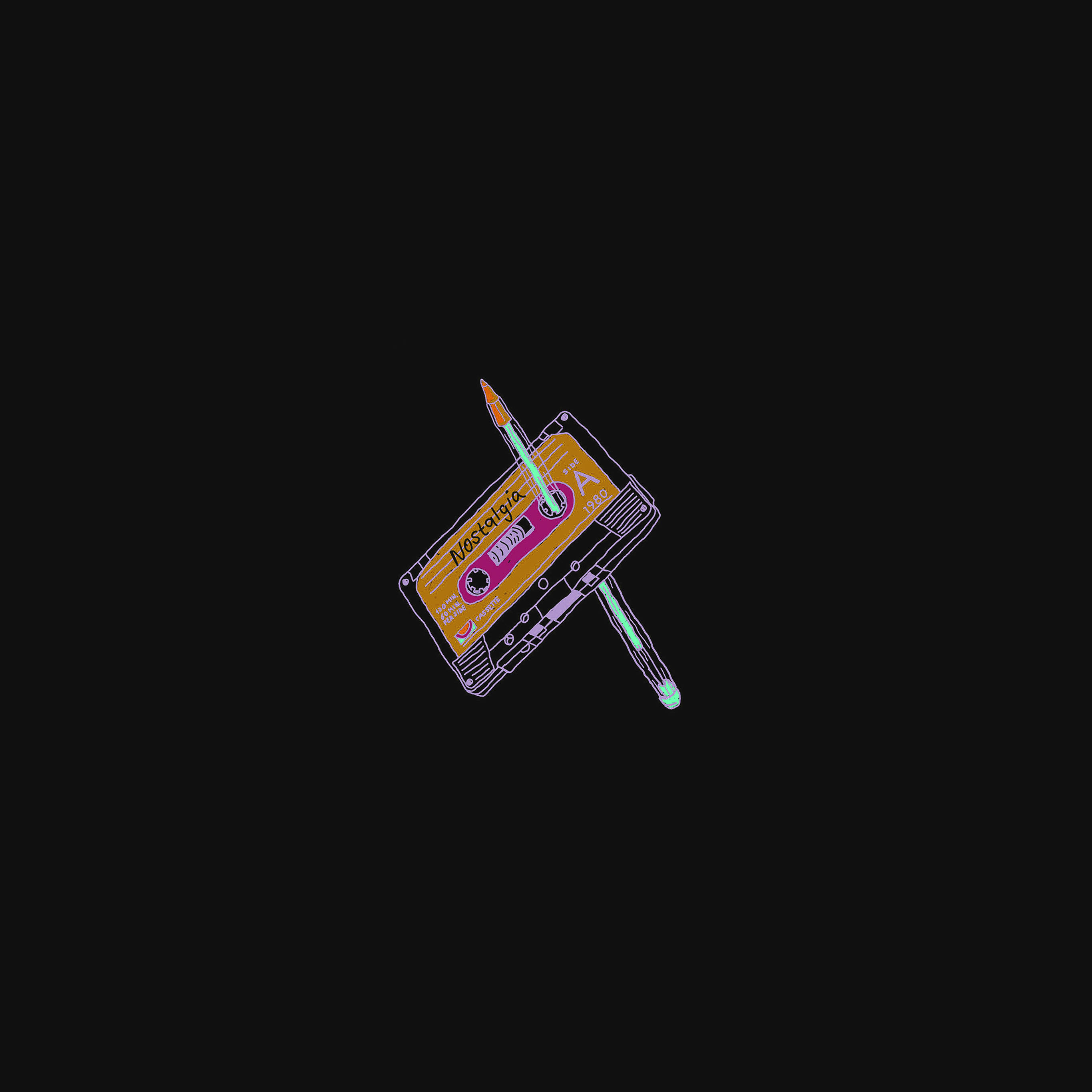 音樂 桌布 壁紙 — 一個風格化的卡式錄音帶，標有「Nostalgia」，與一個發光的錘子融合在黑色背景上。