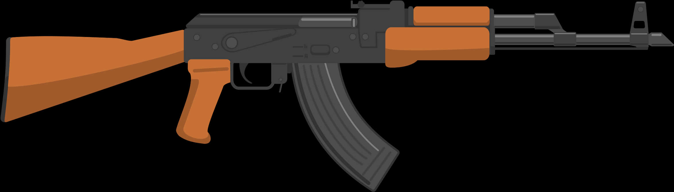 Weapons 桌布 壁紙 — 一個風格化的卡通AK-47步槍，帶有橙色木製槍托和黑色金屬部件，在黑色背景上孤立。