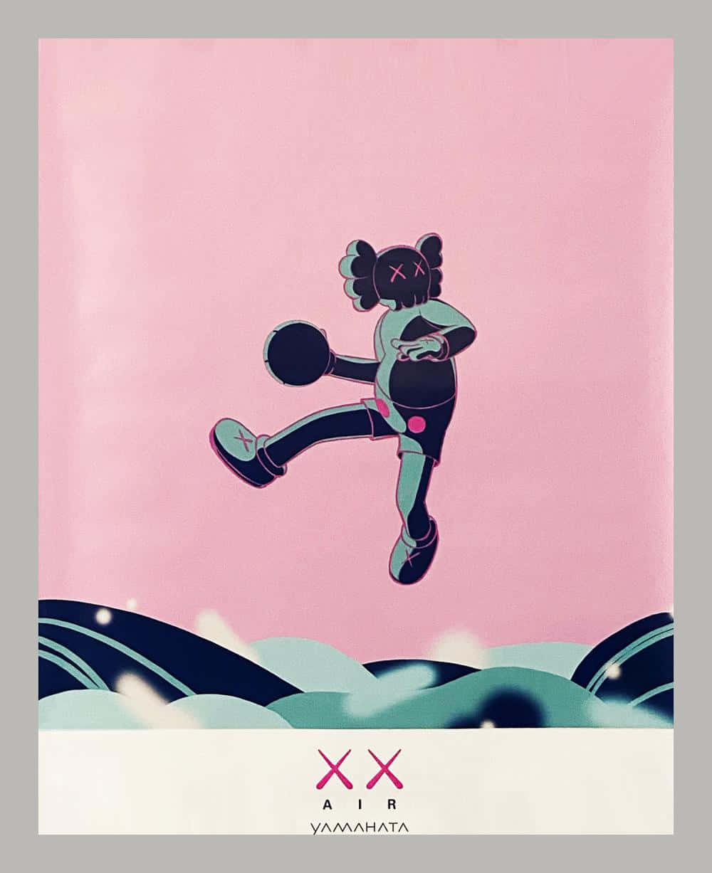 Kaws X Air Jordan 桌布 壁紙 — 一個風格化的卡通人物，帶有X形眼睛，在柔和的粉紅色天空下，於抽象的青綠色和黑色波浪上方動態跳躍。