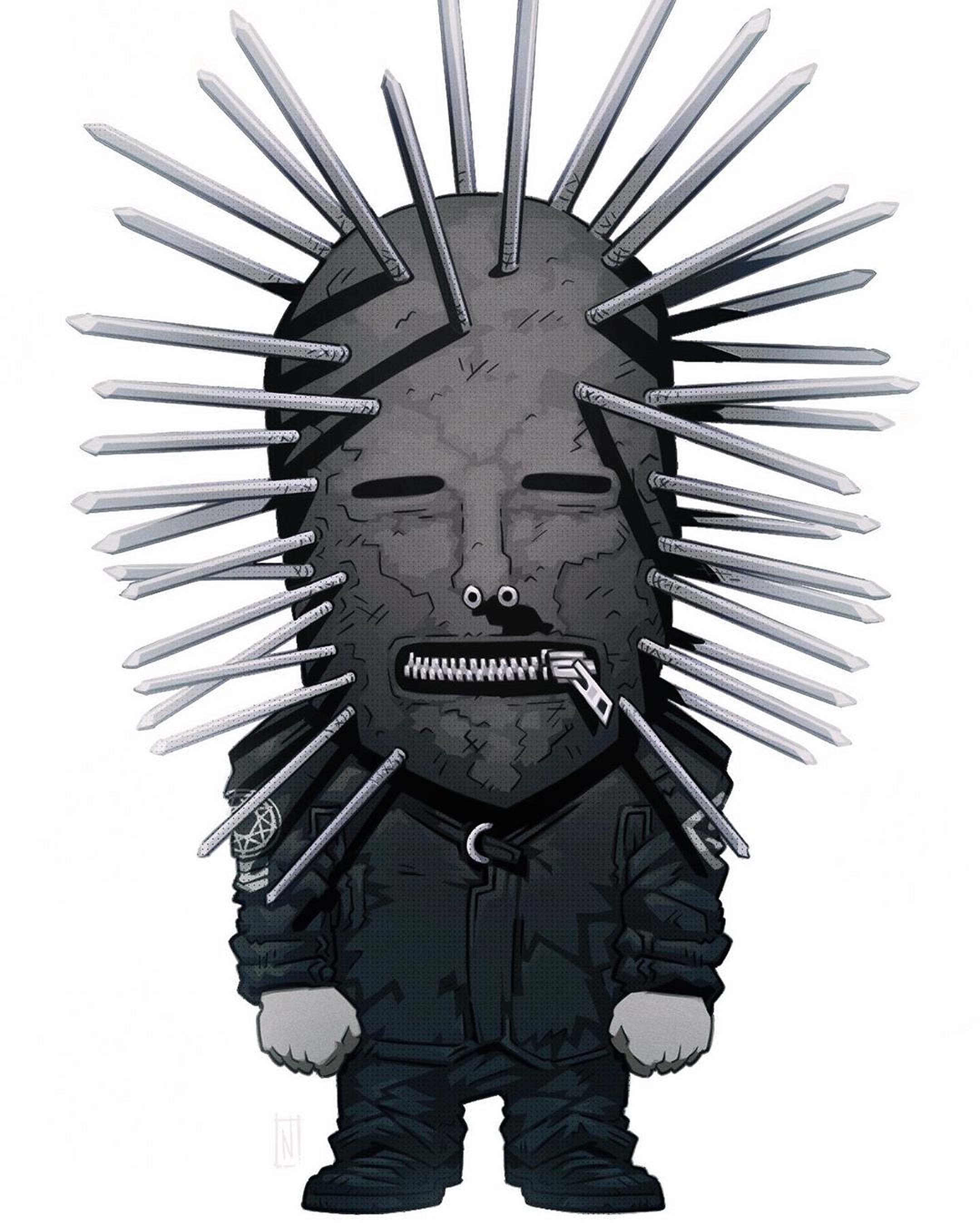 craig jones 桌布 壁紙 — 一個風格化的卡通人物，戴著尖刺頭盔和拉鍊嘴巴，以單色站在白色背景前。