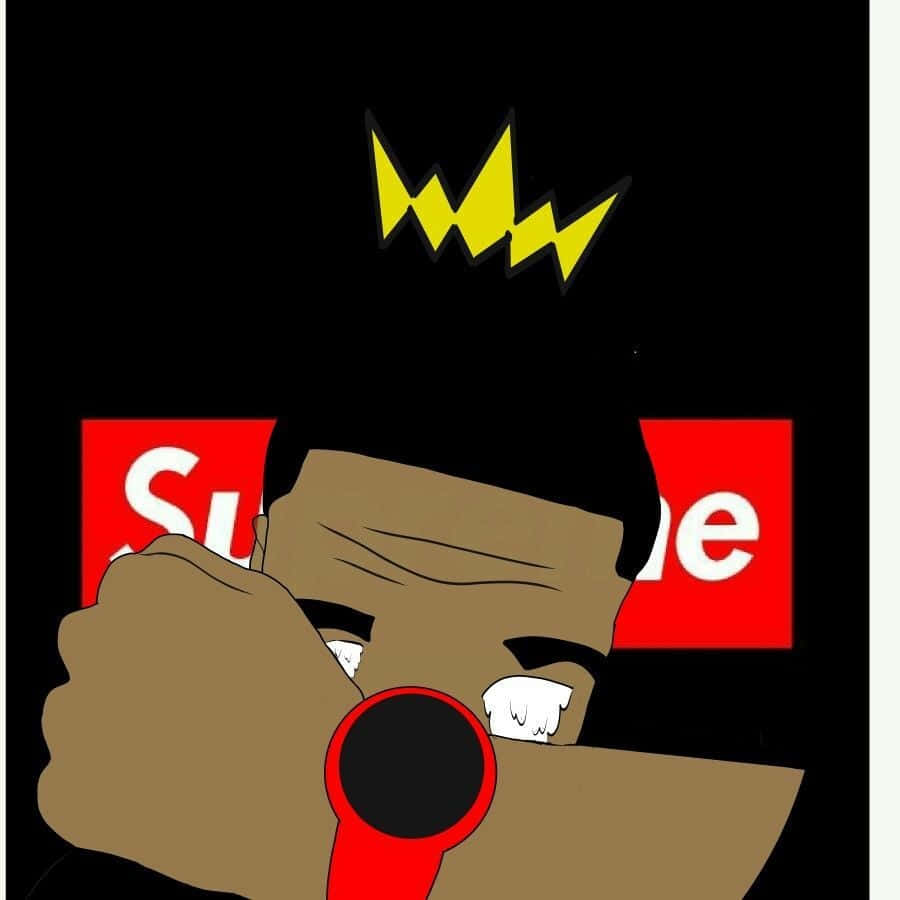 Supreme Logo 桌布 壁紙 — 一個風格化的卡通人物，戴著黃色閃電皇冠，在帶有紅色Supreme標誌的黑色背景前拿著紅色麥克風。