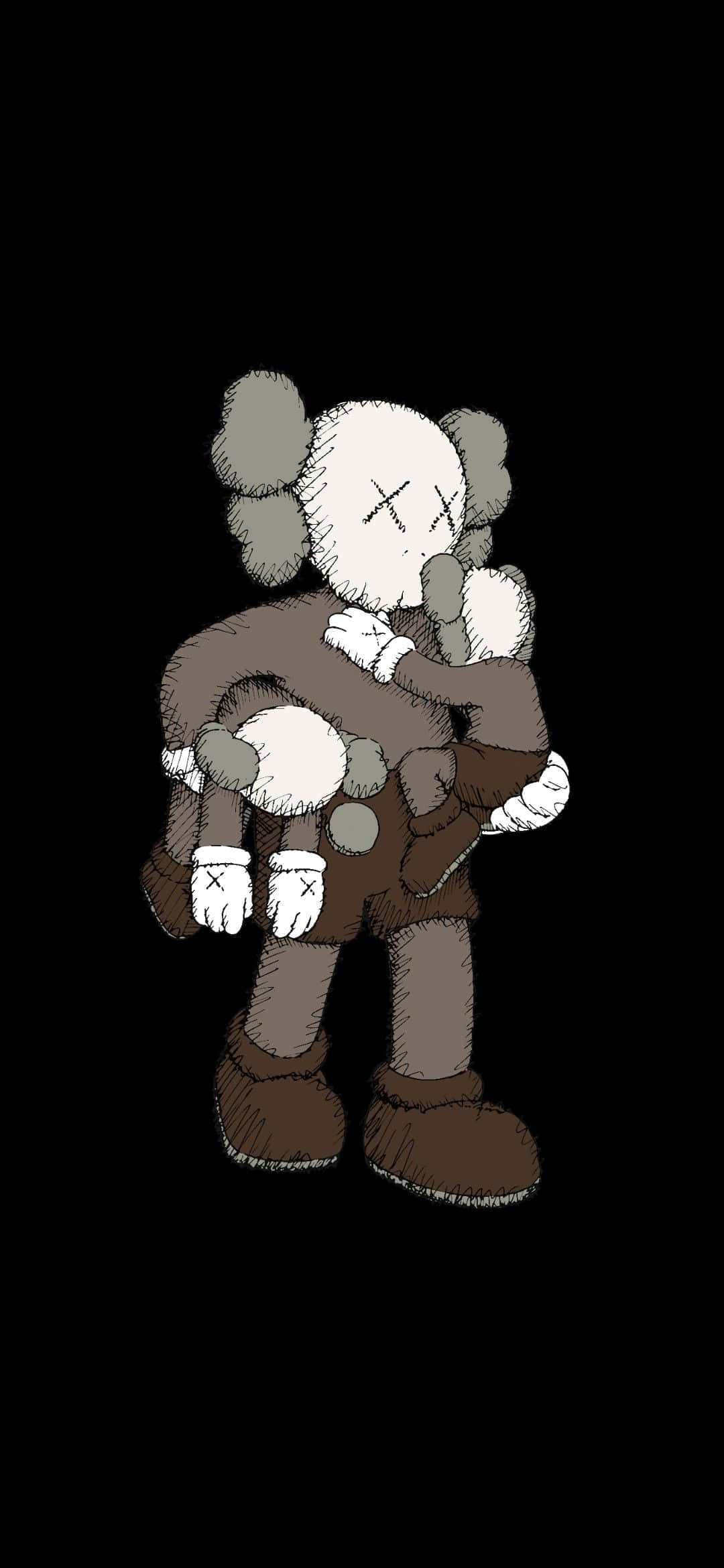 Cool Kaws 桌布 壁紙 — 一個風格化的卡通人物，有X形眼睛和灰色耳朵，在黑色背景前擁抱一個較小的自己。