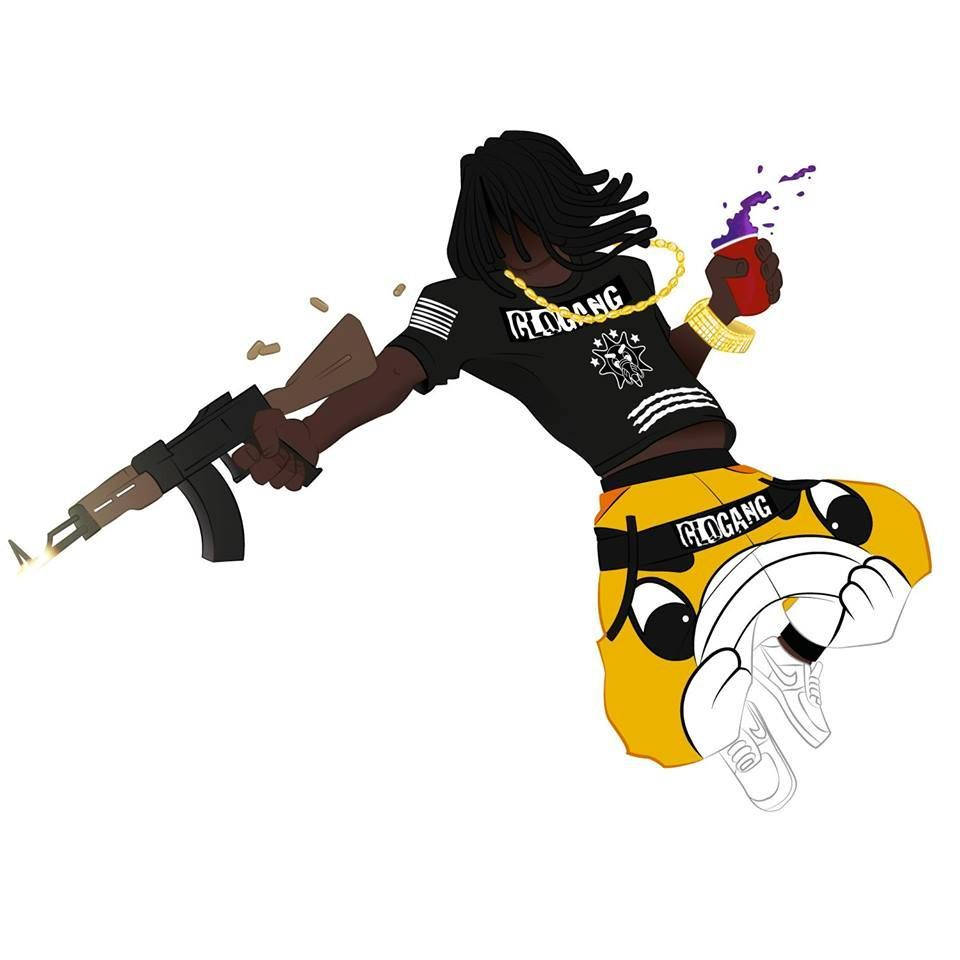 Chief Keef 桌布 壁紙 — 一個風格化的卡通人物，梳著辮子，在白色背景前手持紫色油漆罐並發射步槍。