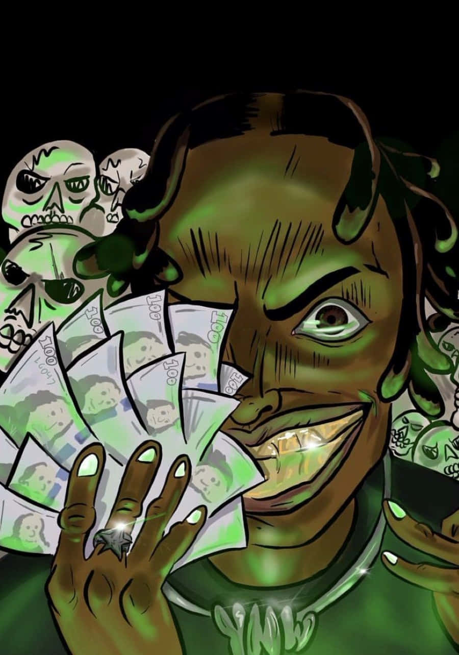 Ynw Melly Cartoon 桌布 壁紙 — 一個風格化的卡通人物，綠色皮膚和金色牙齒，手持現金，骷髏在黑暗背景後漂浮。