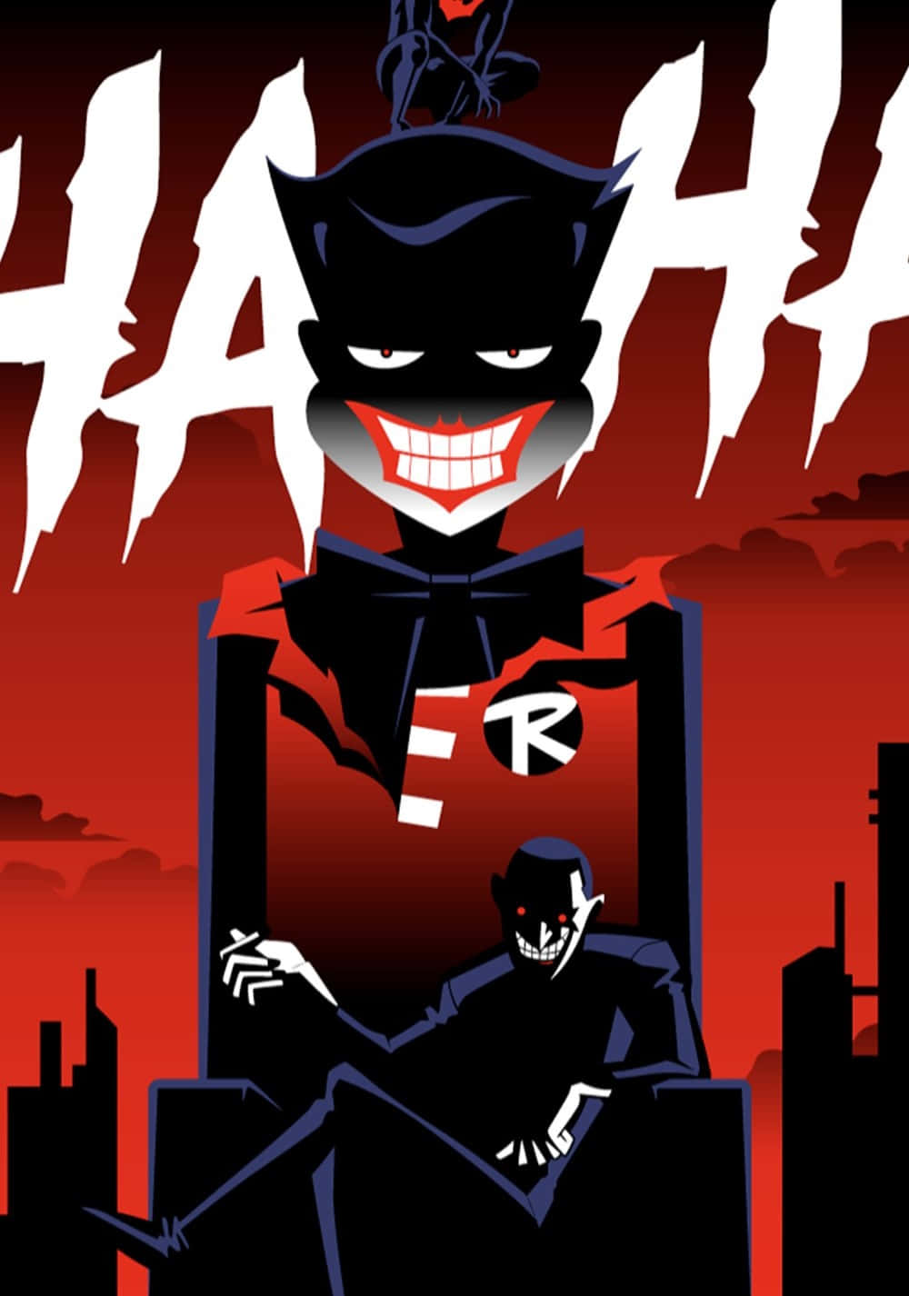 Batman Beyond Return Of The Joker 桌布 壁紙 — 一個風格化的卡通反派，咧嘴大笑，眼睛通紅，在血紅色的城市景觀背景下狂笑。