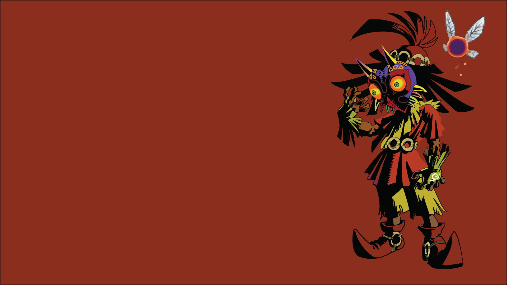 Majora's Mask 桌布 壁紙 — 一個風格化的卡通反派，眼睛發光，頭戴羽毛頭飾，站在純鏽色背景前。