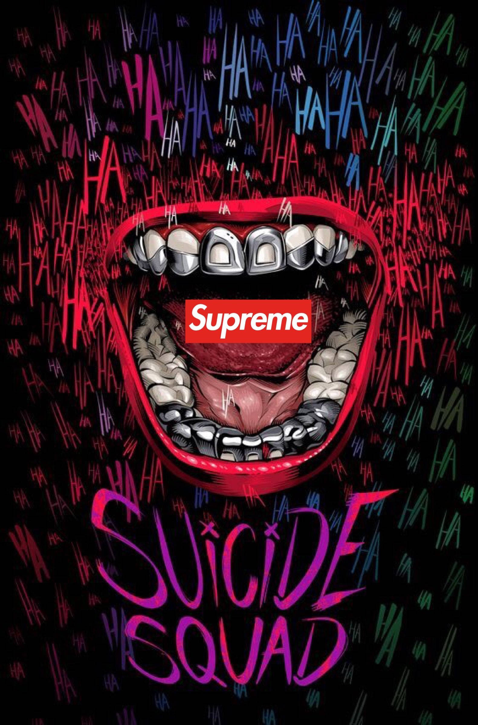 superhero supreme 桌布 壁紙 — 一個風格化的卡通嘴巴，帶有金屬牙套和內部的Supreme標誌，周圍環繞著彩色'HA HA'文字，背景為黑色。