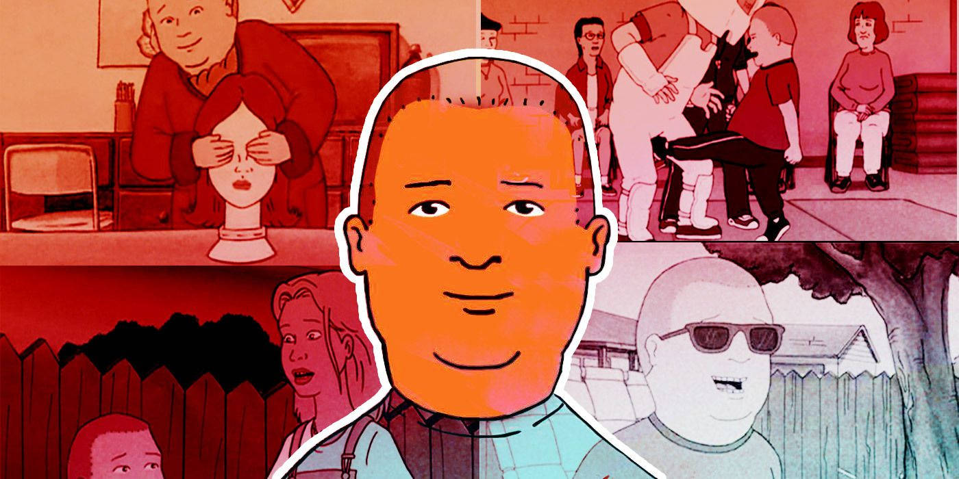 Bobby Hill 桌布 壁紙 — 一個風格化的卡通場景拼貼畫，中央有一個微笑的男人，以紅色和藍綠色調以及郊區環境為特色。