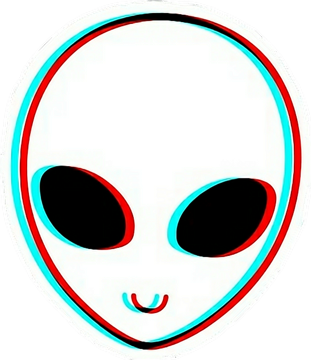 故障 桌布 壁紙 — 一個風格化的卡通外星人臉孔，有大黑眼睛和一個小微笑，以紅色和青色勾勒在黑色背景上。