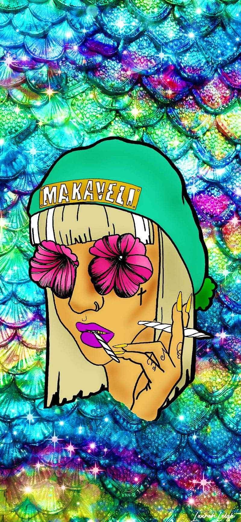  壁紙 — 一個風格化的卡通女孩，戴著花朵太陽眼鏡和綠色帽子，在閃閃發光的彩虹美人魚鱗片背景下吸煙。