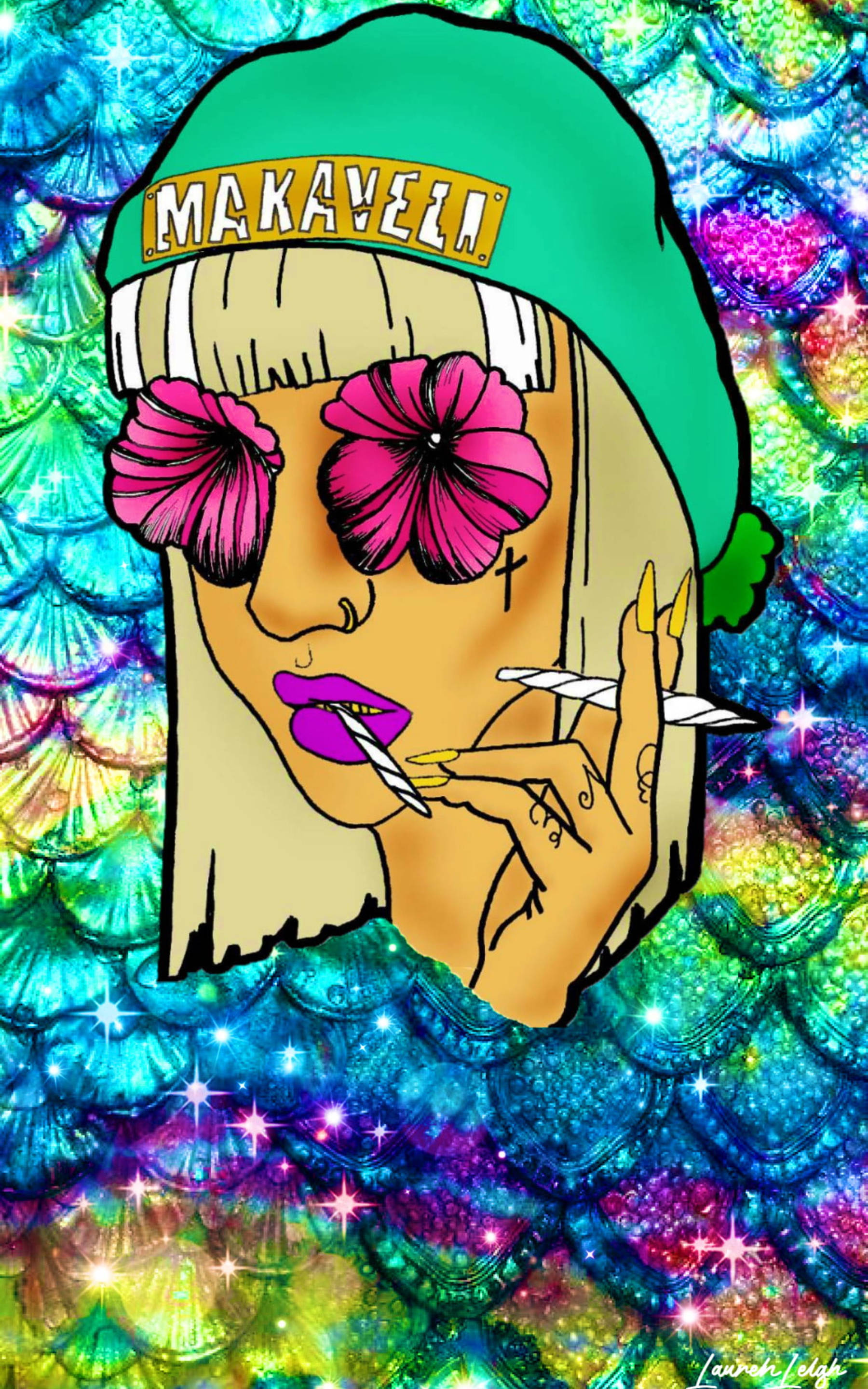 吸大麻 桌布 壁紙 — 一個風格化的卡通女孩，戴著花朵太陽眼鏡和綠色帽子，在閃閃發光的美人魚鱗片背景上抽煙。