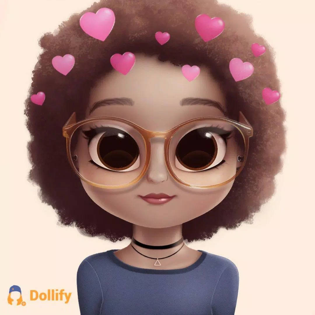 Dollify 桌布 壁紙 — 一個風格化的卡通女孩，擁有捲曲的棕色頭髮和眼鏡，周圍漂浮著粉紅色的心形。