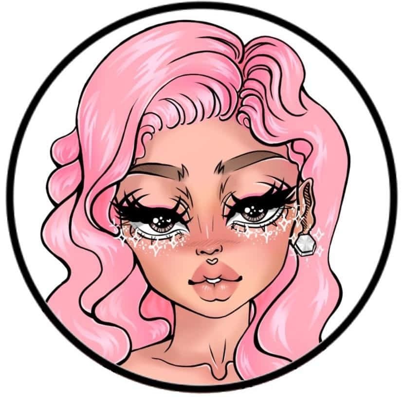 Good TikTok Profile 桌布 壁紙 — 一個風格化的卡通女孩，擁有豐盈的粉紅色捲髮和眼睛周圍閃爍的淚珠般光芒。