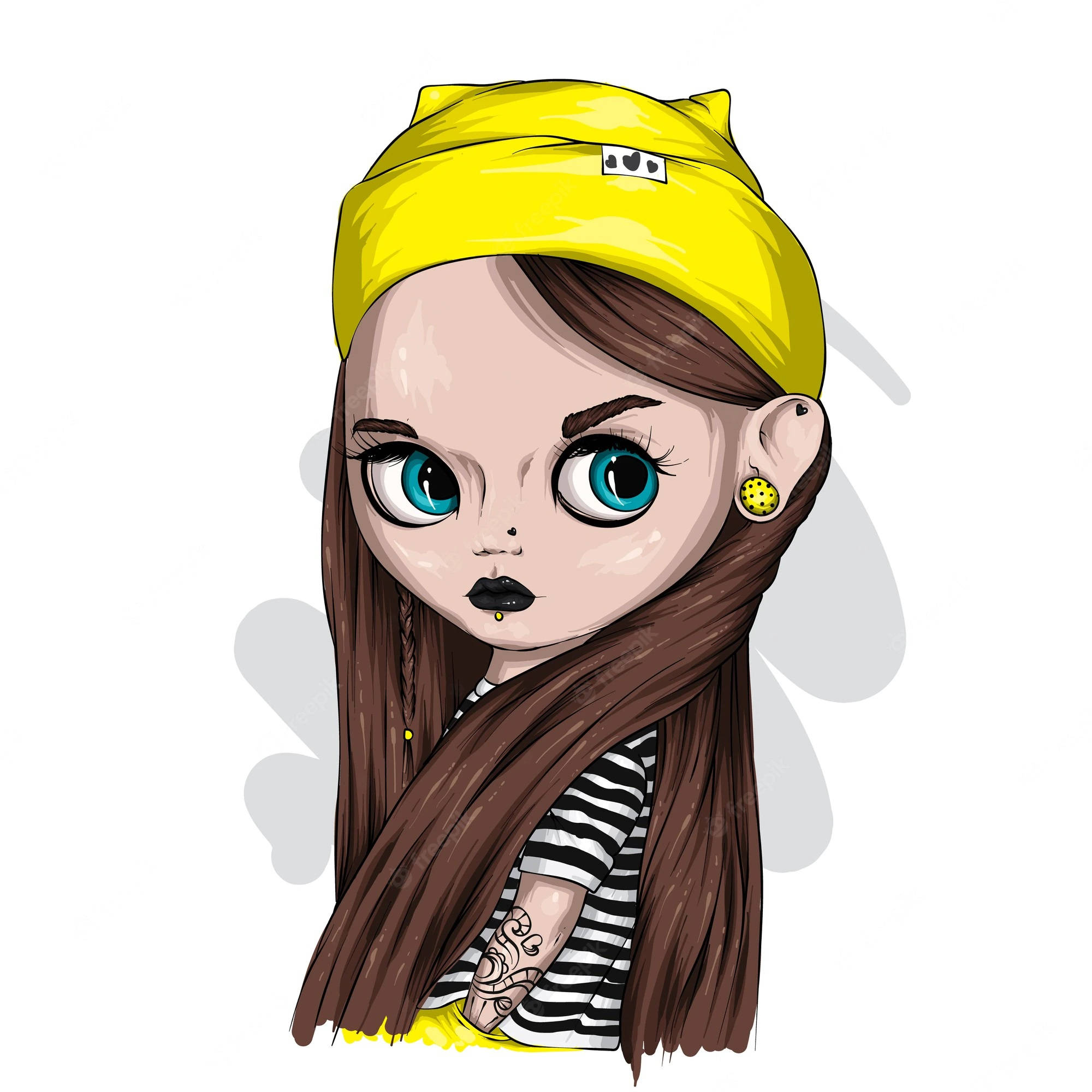 Cool Girl Cartoon 桌布 壁紙 — 一個風格化的卡通女孩，有著大大的藍色眼睛，戴著黃色頭帶，穿著條紋襯衫，手臂上有刺青。