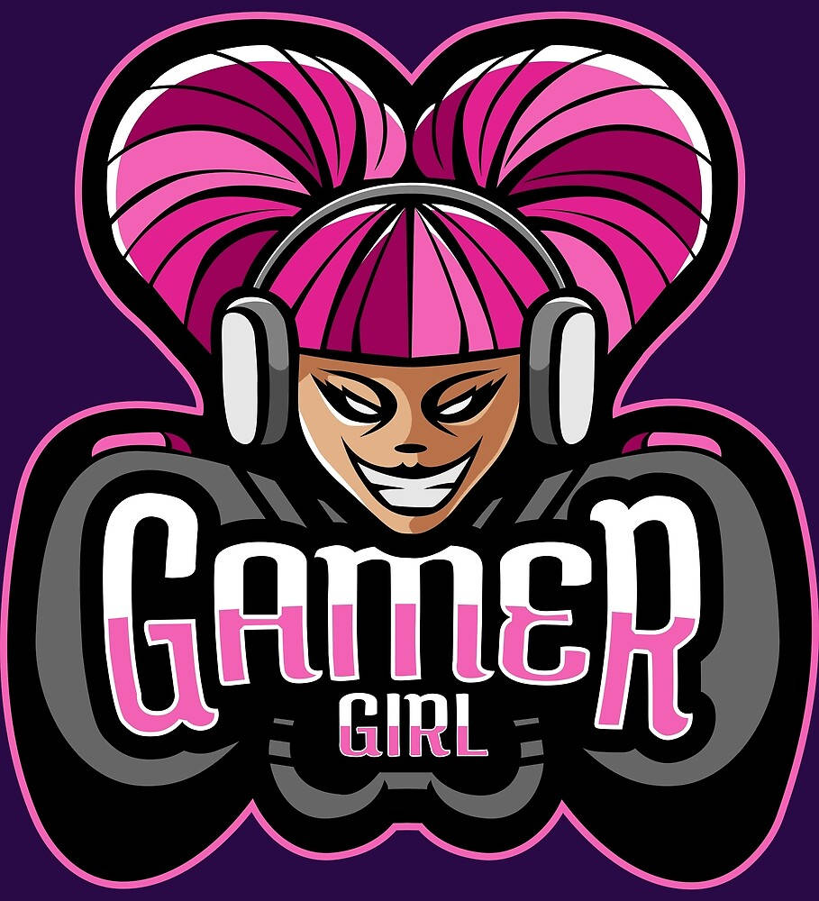 Gamer Logo 桌布 壁紙 — 一個風格化的卡通女孩，有著粉紅色心形雙馬尾和耳機，在粗體「Gamer Girl」文字下微笑。