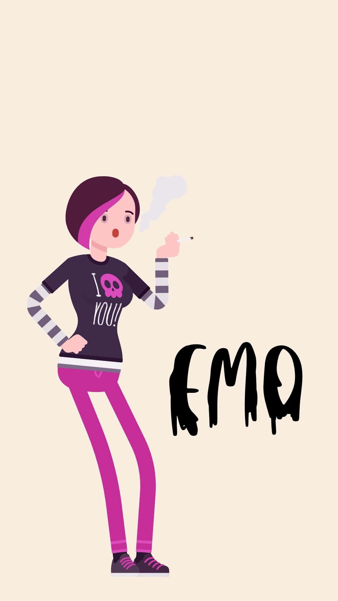 Cute Emo 桌布 壁紙 — 一個風格化的卡通女孩，紫色頭髮，穿著骷髏T恤和粉紅色褲子，在米色背景前抽煙。