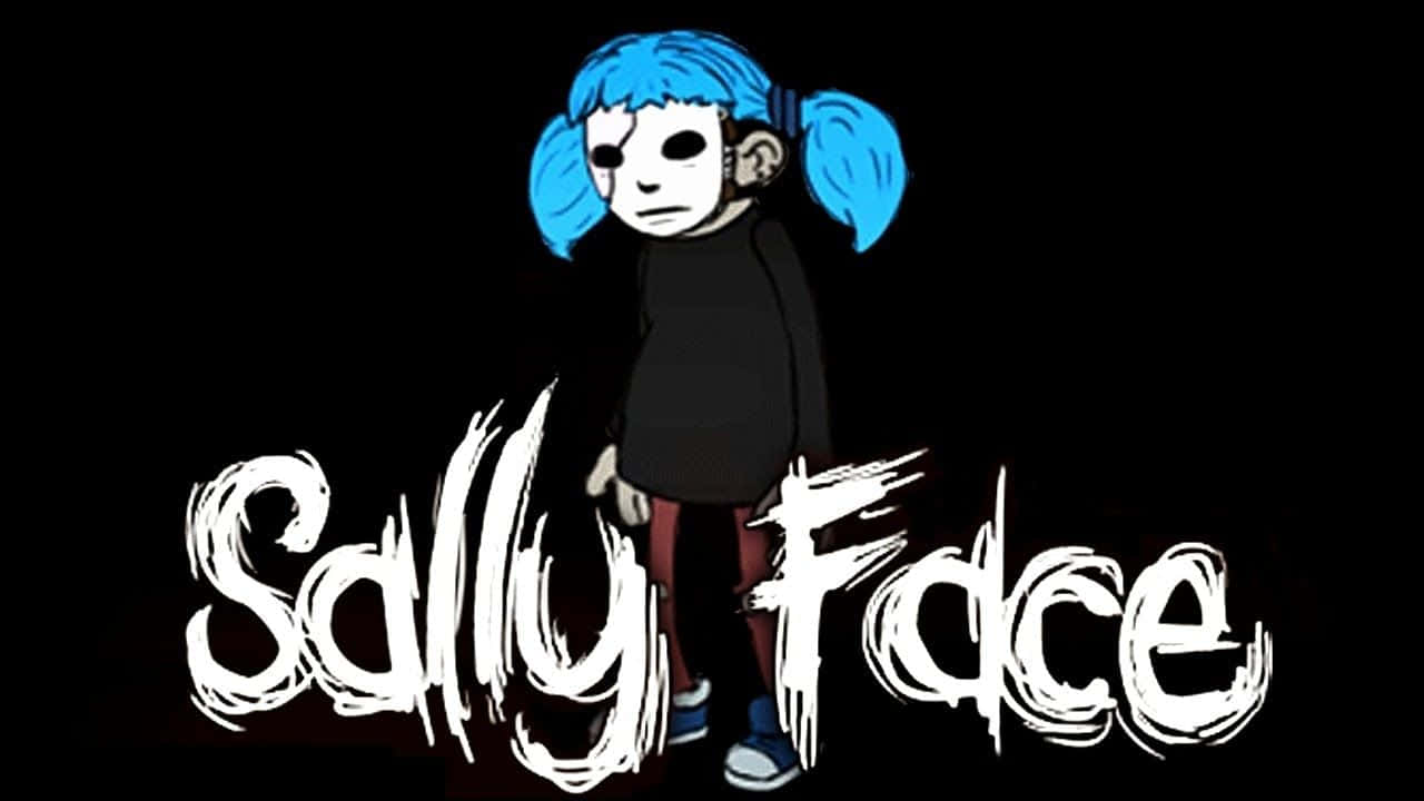 Sally Face 桌布 壁紙 — 一個風格化的卡通女孩，藍色雙馬尾，空洞的眼神，站在黑色背景前，帶有「Sally Face」文字。