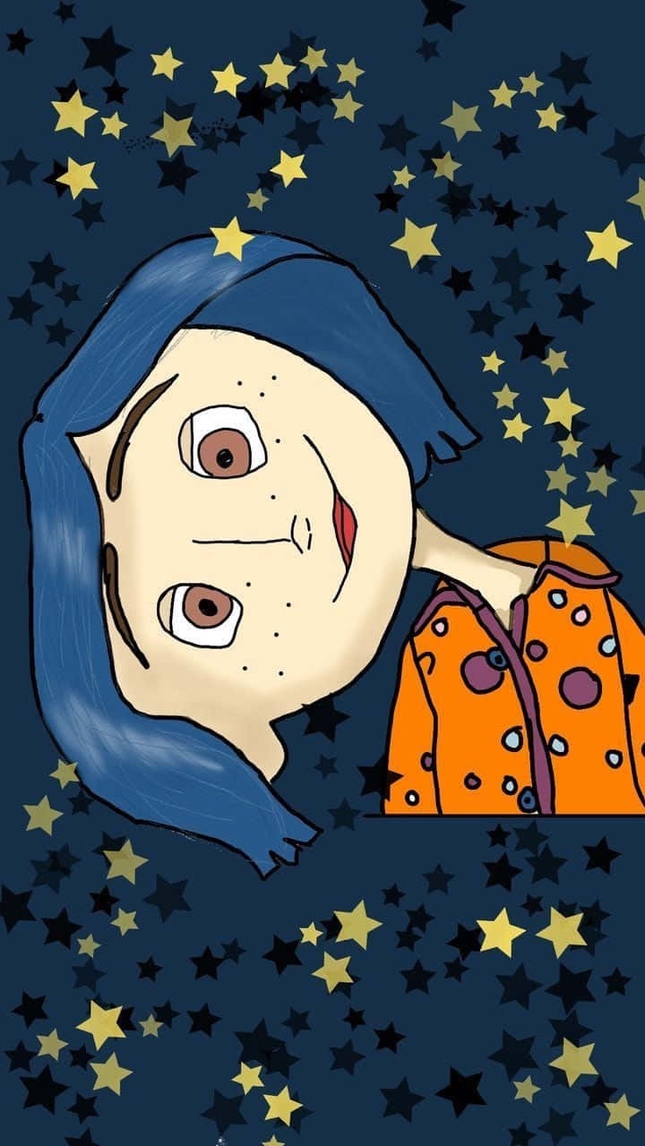 卡洛琳 桌布 壁紙 — 一個風格化的卡通女孩，藍色頭髮和雀斑，在充滿閃爍黃色星星的黑暗天空中微笑。